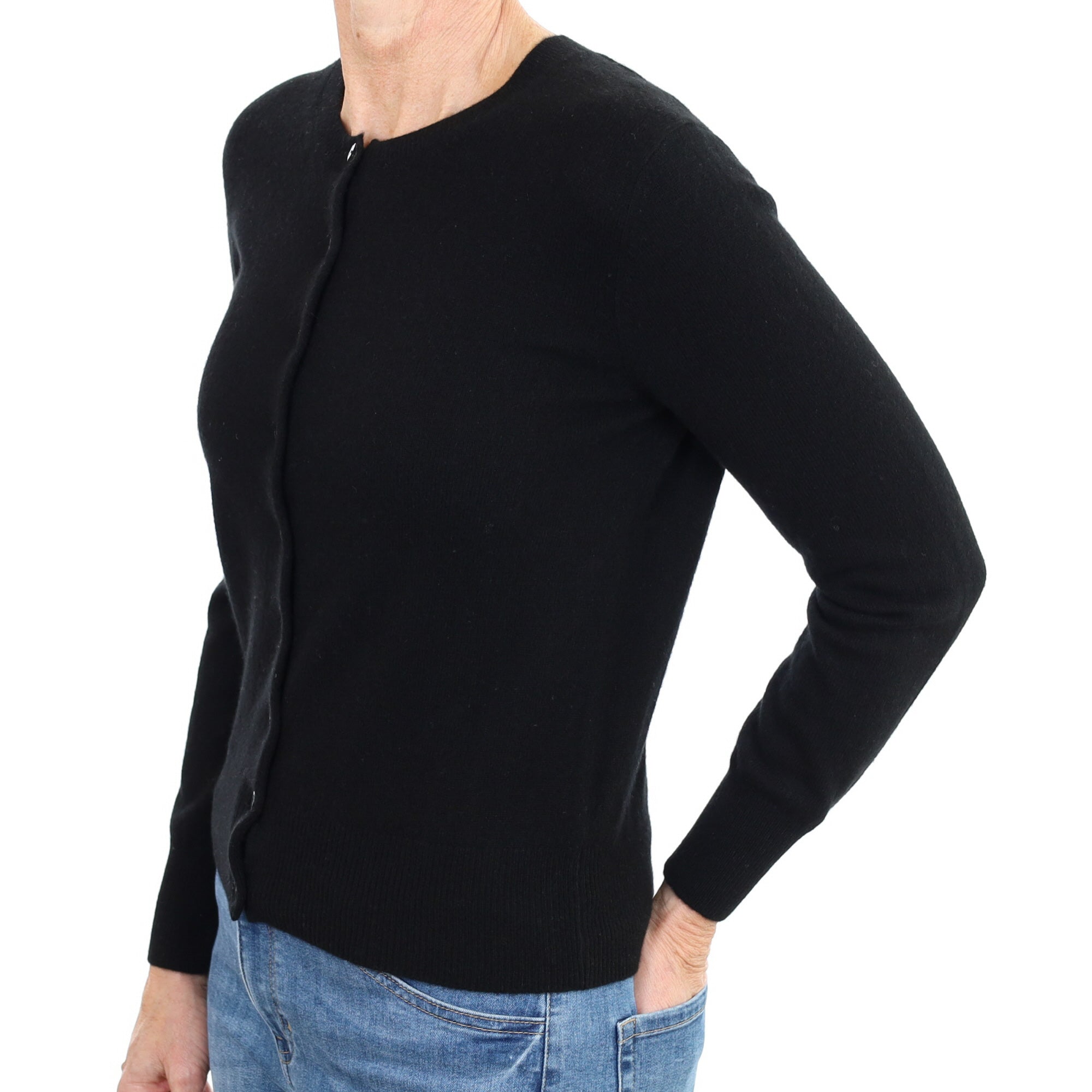 New Black Cashmere Crew Neck Cardigan Small