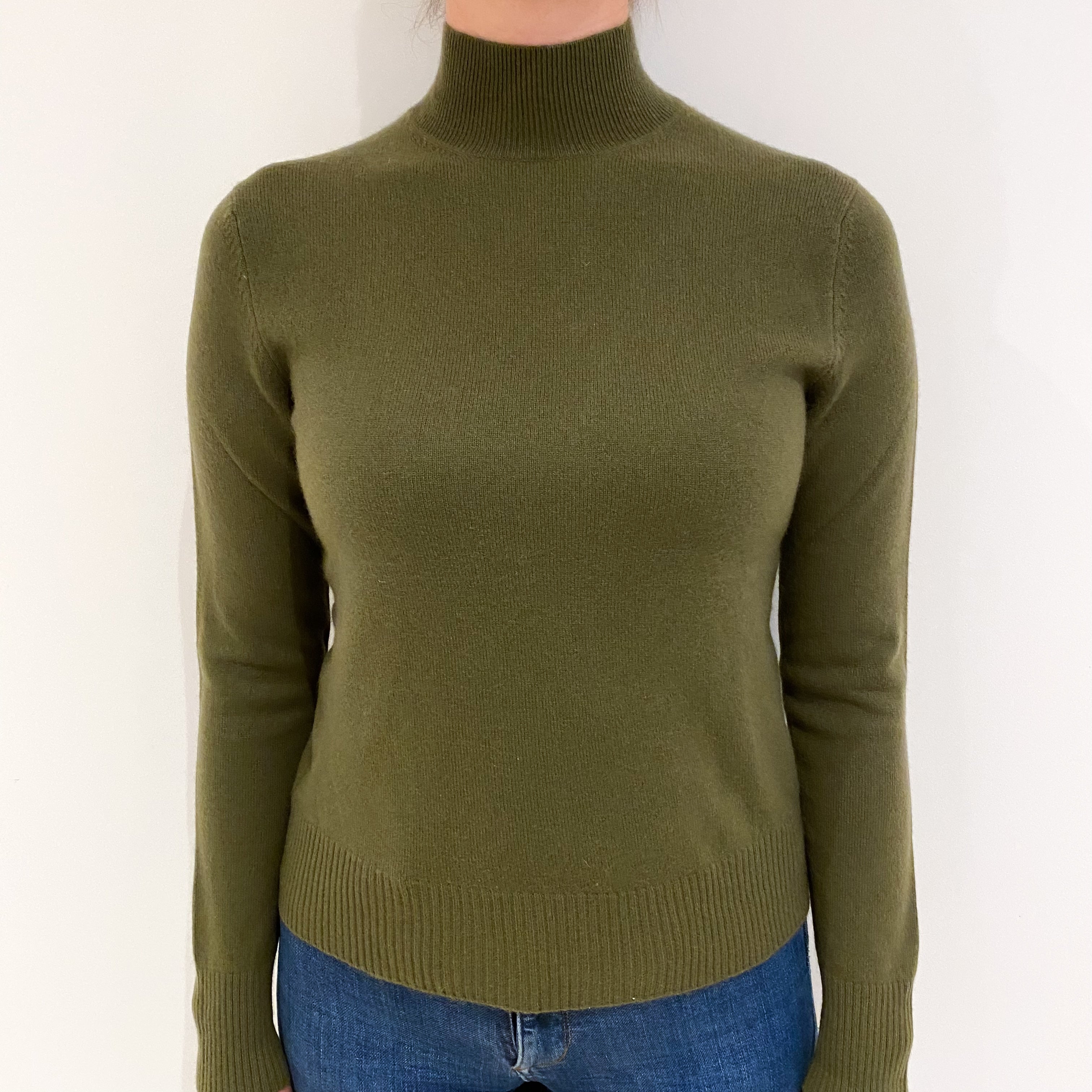 Olive Green Cashmere Turtle Neck Jumper Small