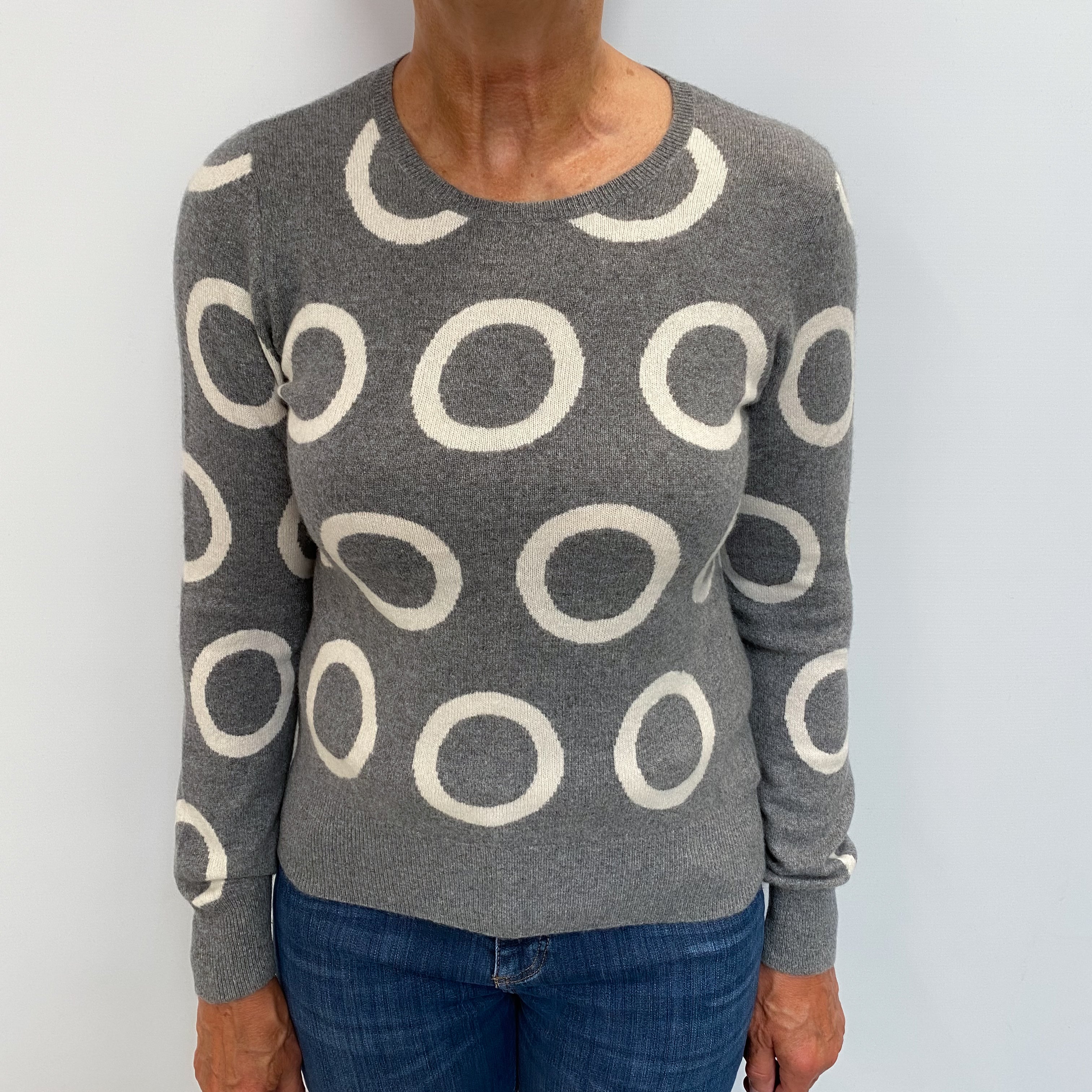 Ash Grey Patterned Cashmere Crew Neck Jumper Medium