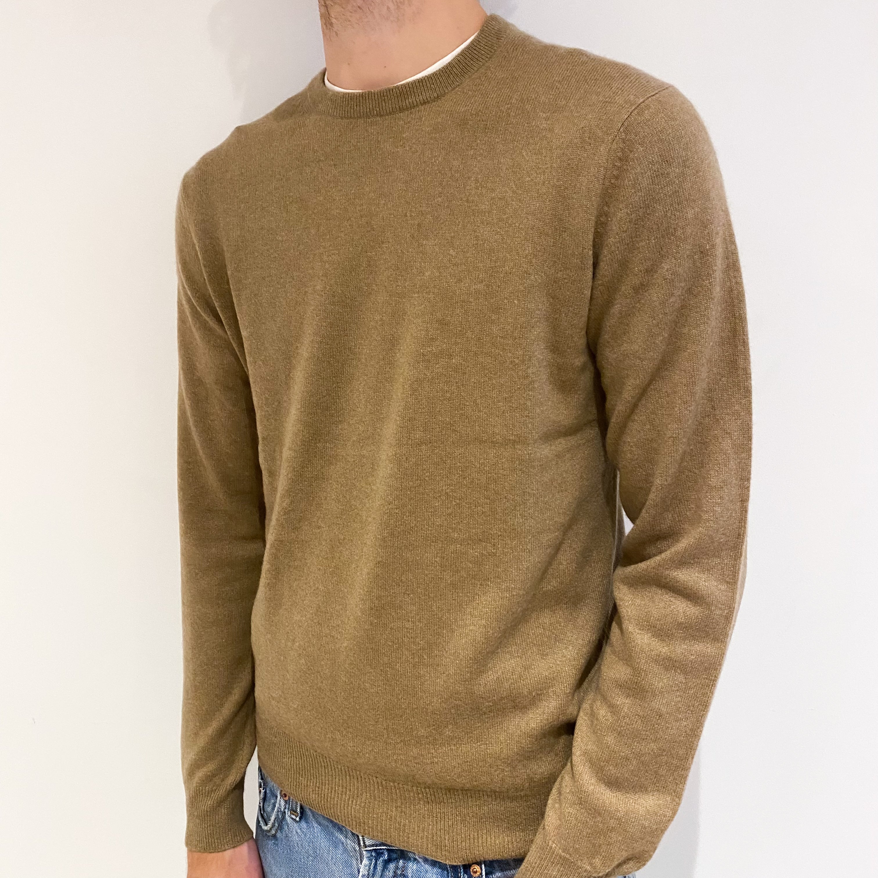Men's Camel Brown Cashmere Crew Neck Jumper Large