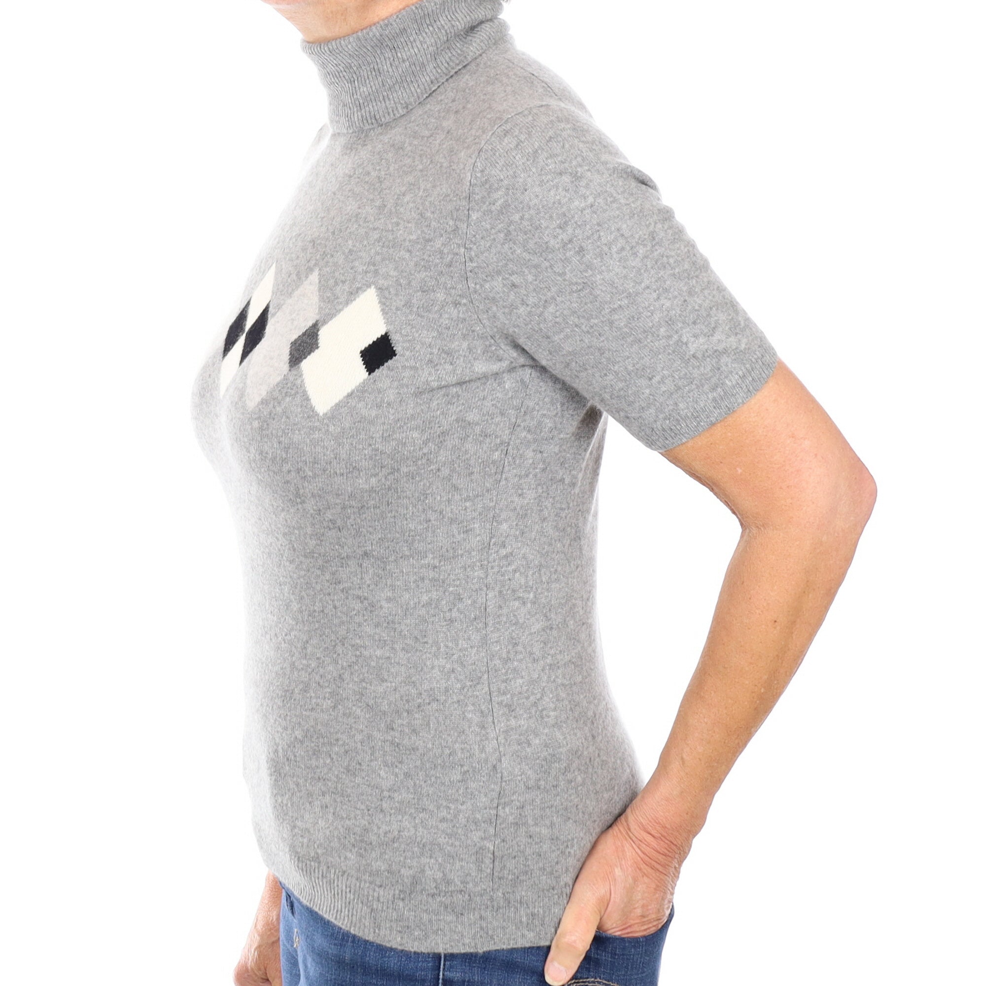 Grey Diamond Cashmere Short Sleeved Polo Neck Jumper Medium