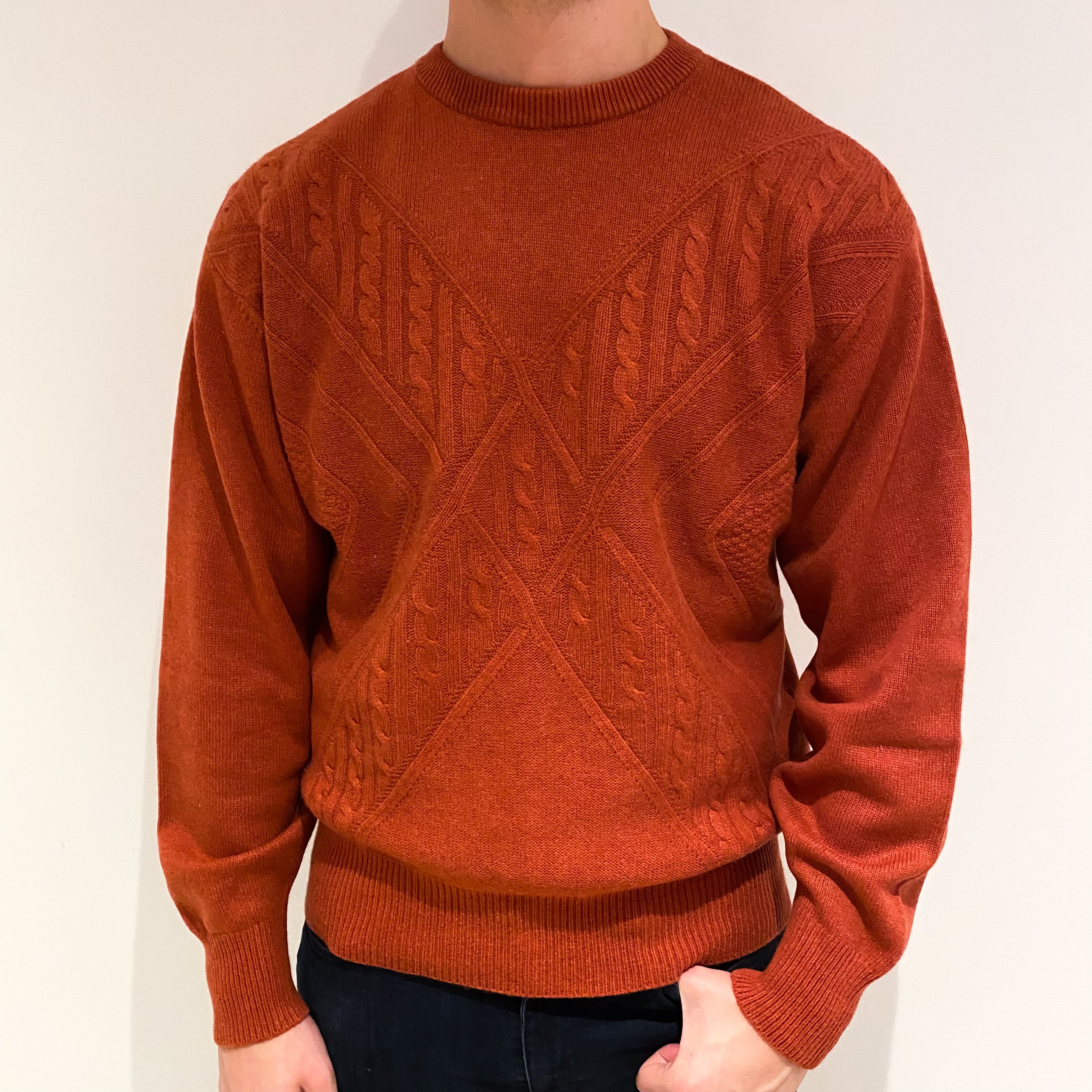 Men's Terracotta Red Cashmere Crew Neck Jumper XL