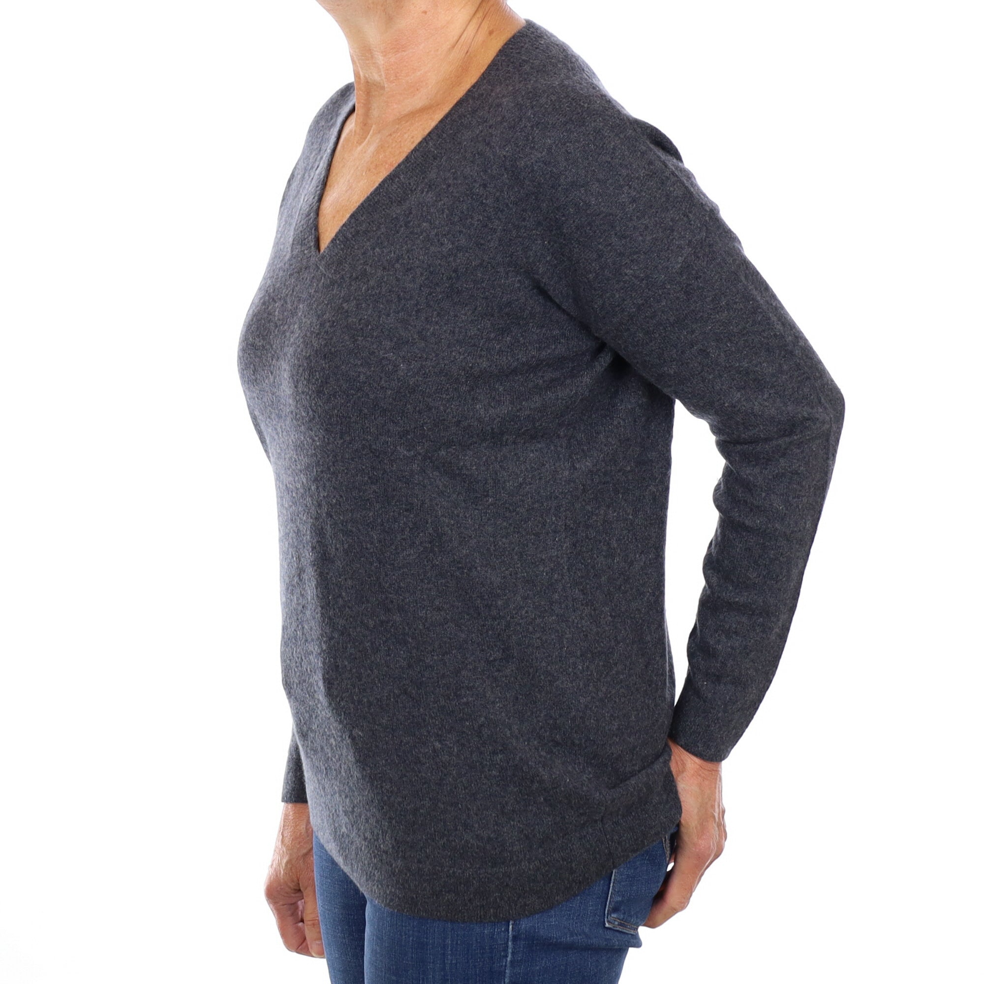 Charcoal Grey Cashmere V Neck Jumper Medium