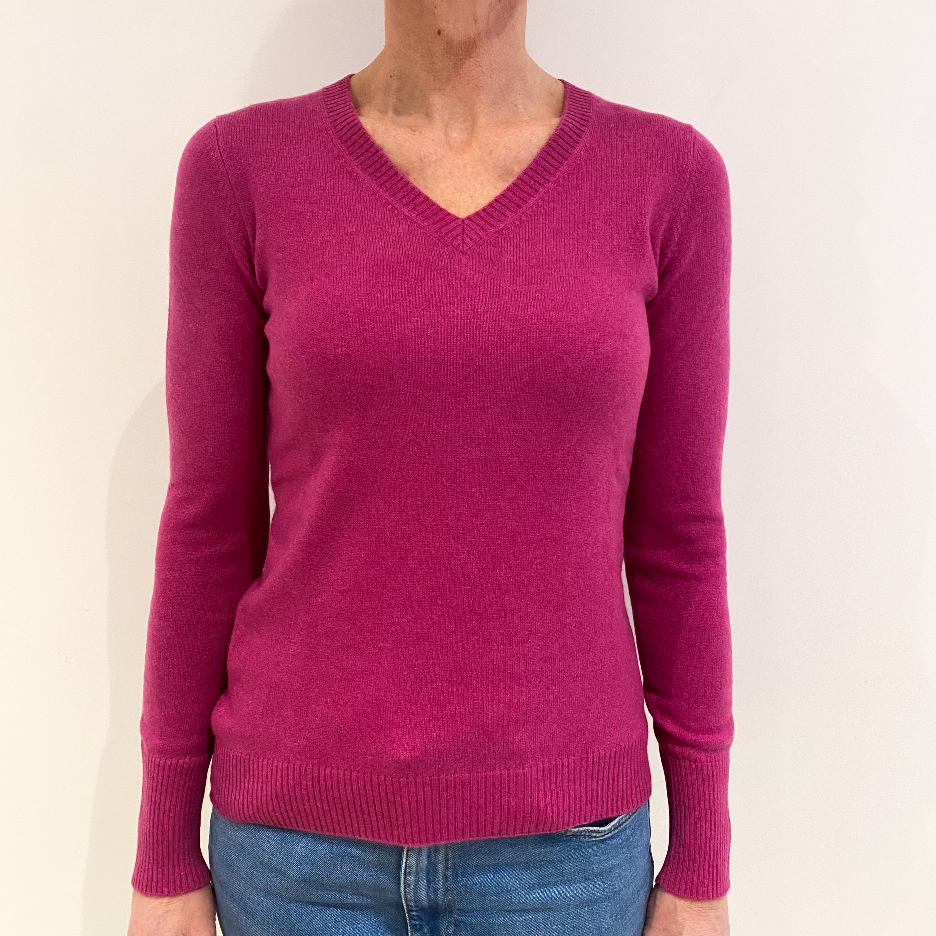 Raspberry Pink Cashmere V Neck Jumper Small