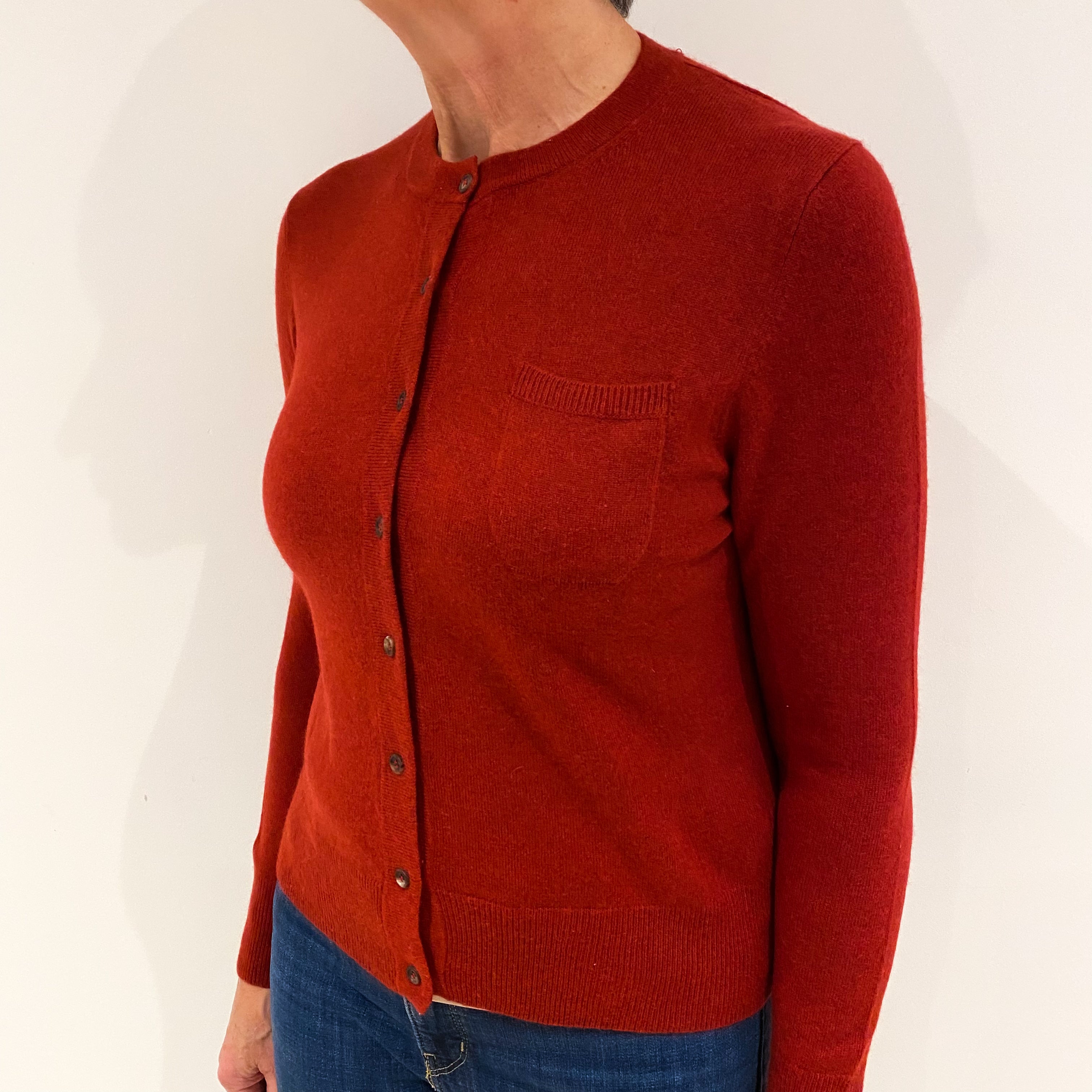Paprika Red Cashmere Crew Neck Cardigan with Pocket Medium