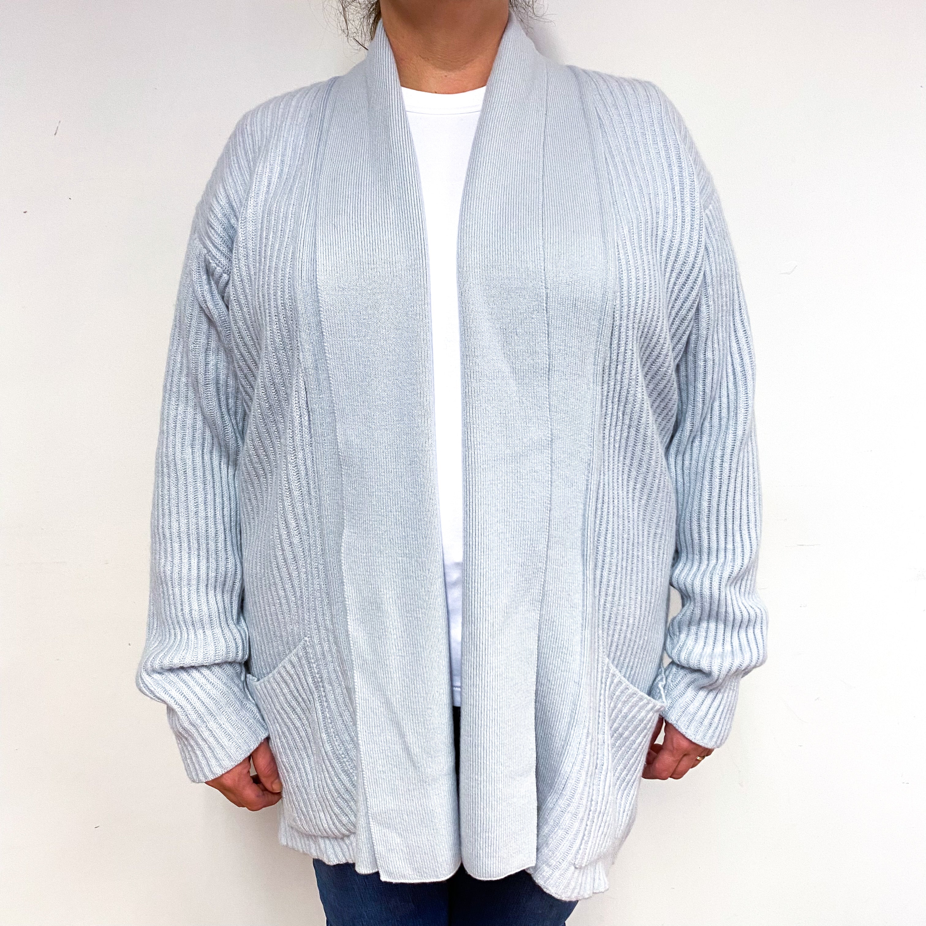 Scottish Ice Blue Ribbed Cashmere Edge to Edge Cardigan Extra Large