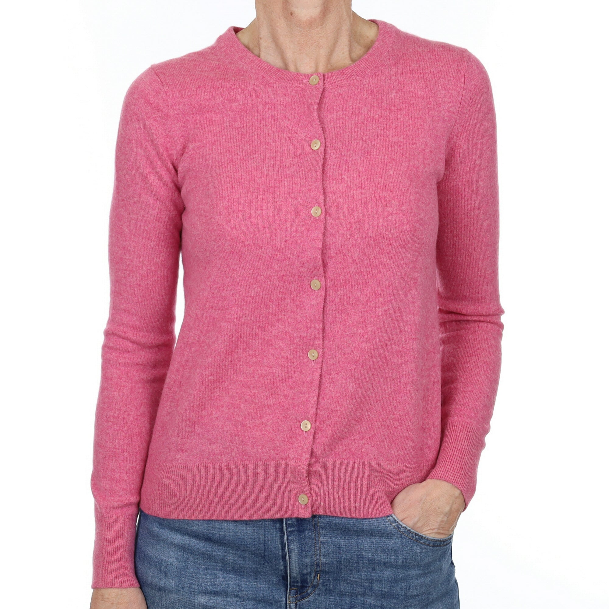 Raspberry Marl Cashmere Crew Neck Cardigan Small