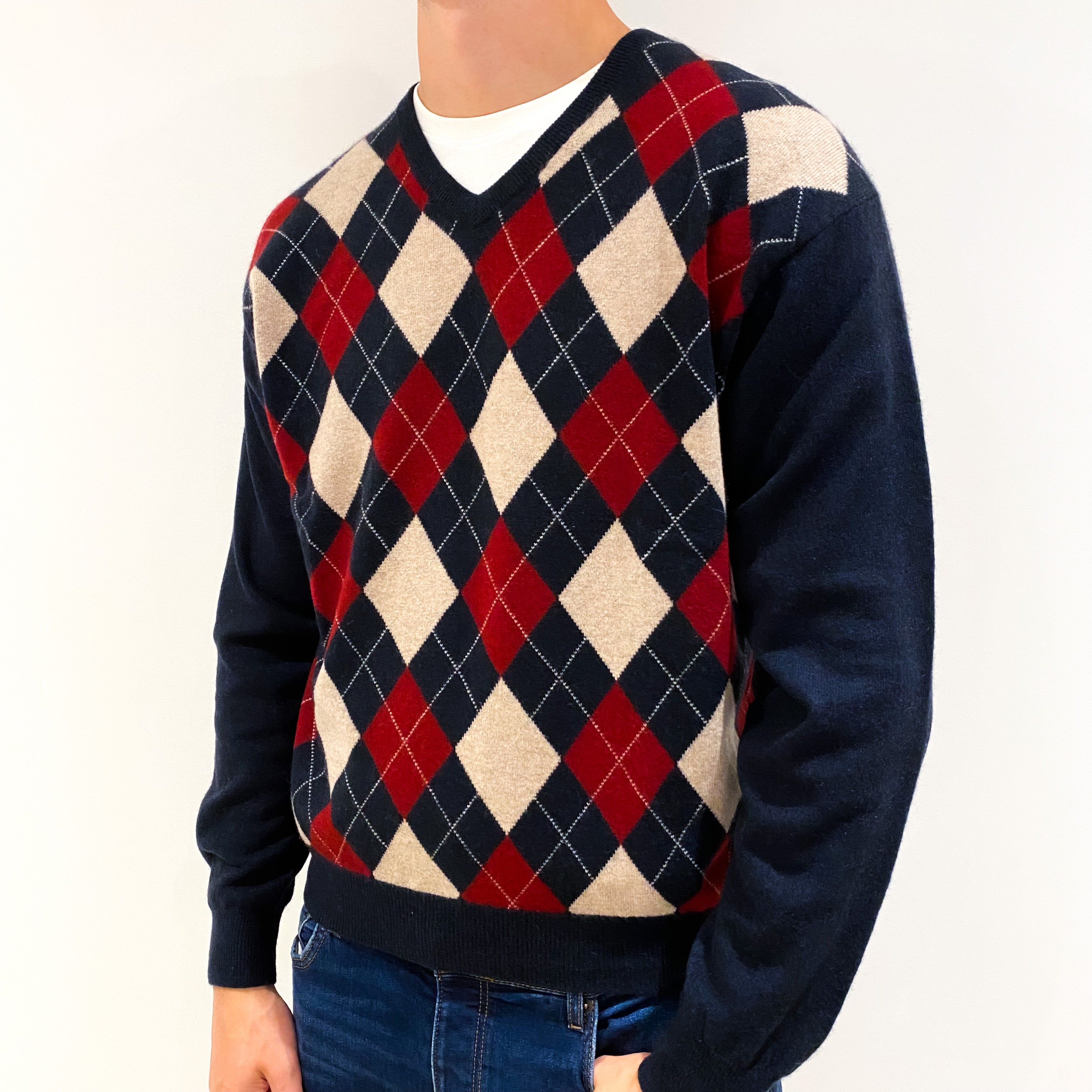 Men's Navy Red Argyle Cashmere V-Neck Jumper Extra Large