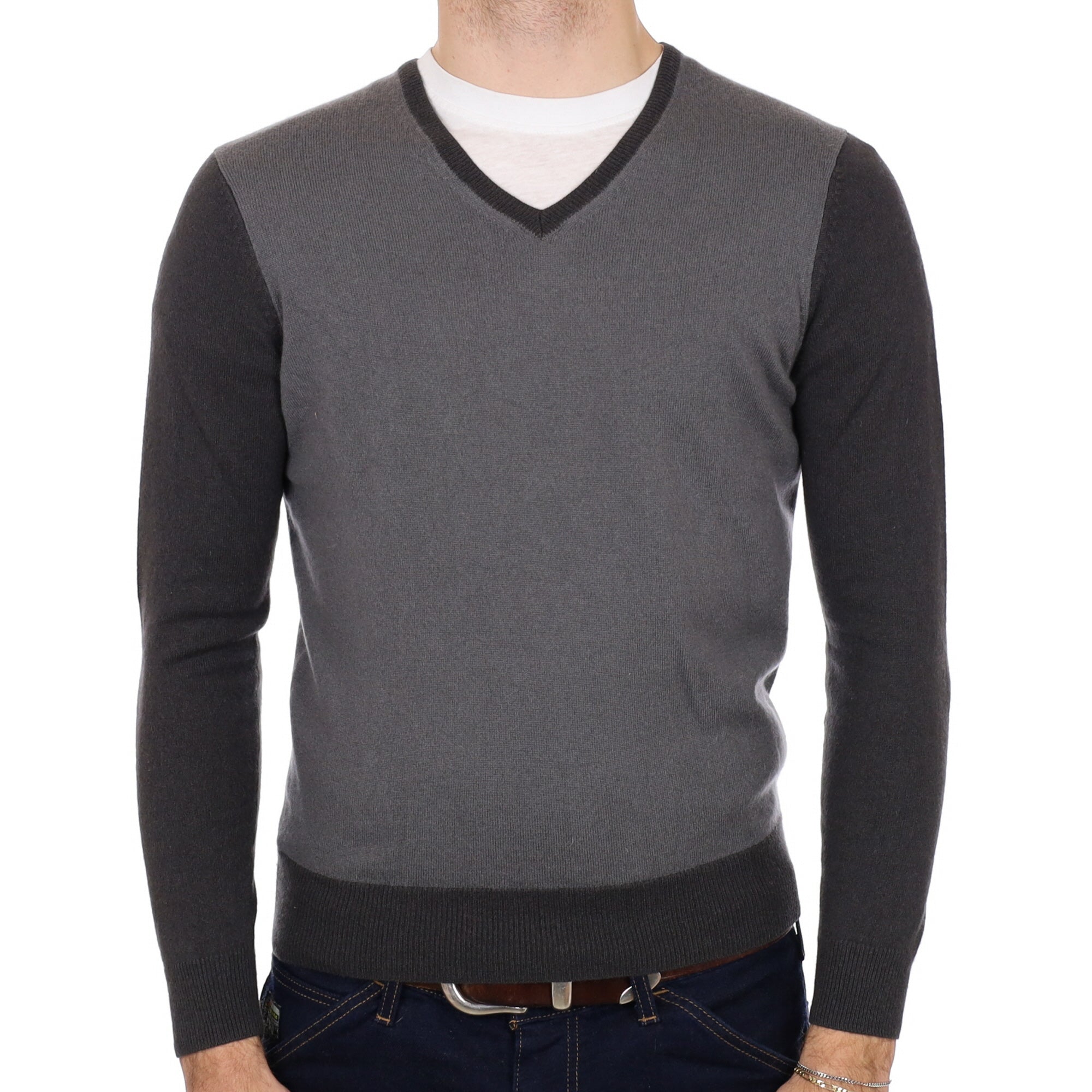 Men's Grey Colour Block Cashmere V Neck Jumper Medium