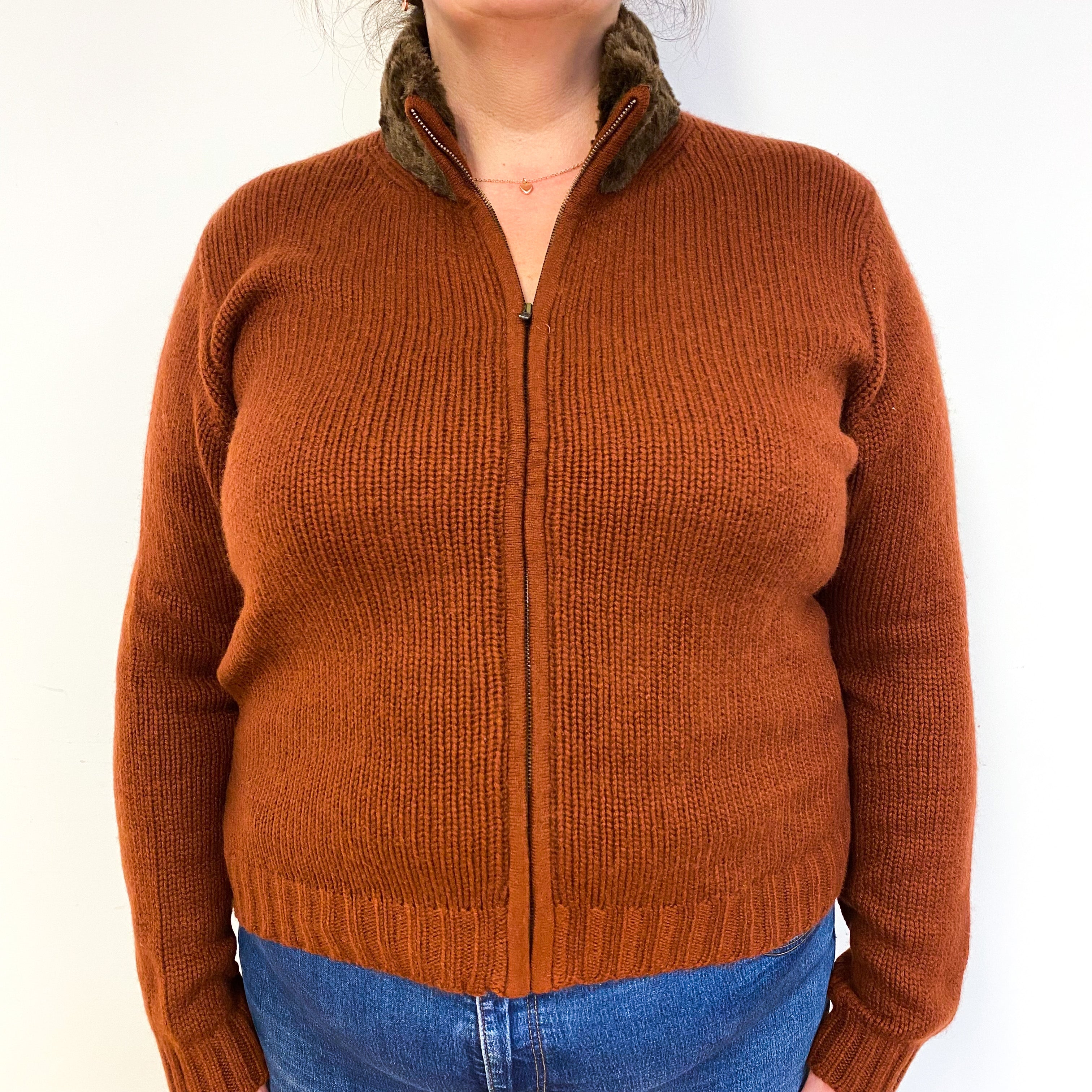 Rust Brown Chunky Cashmere Zip Front Cardigan Extra Large