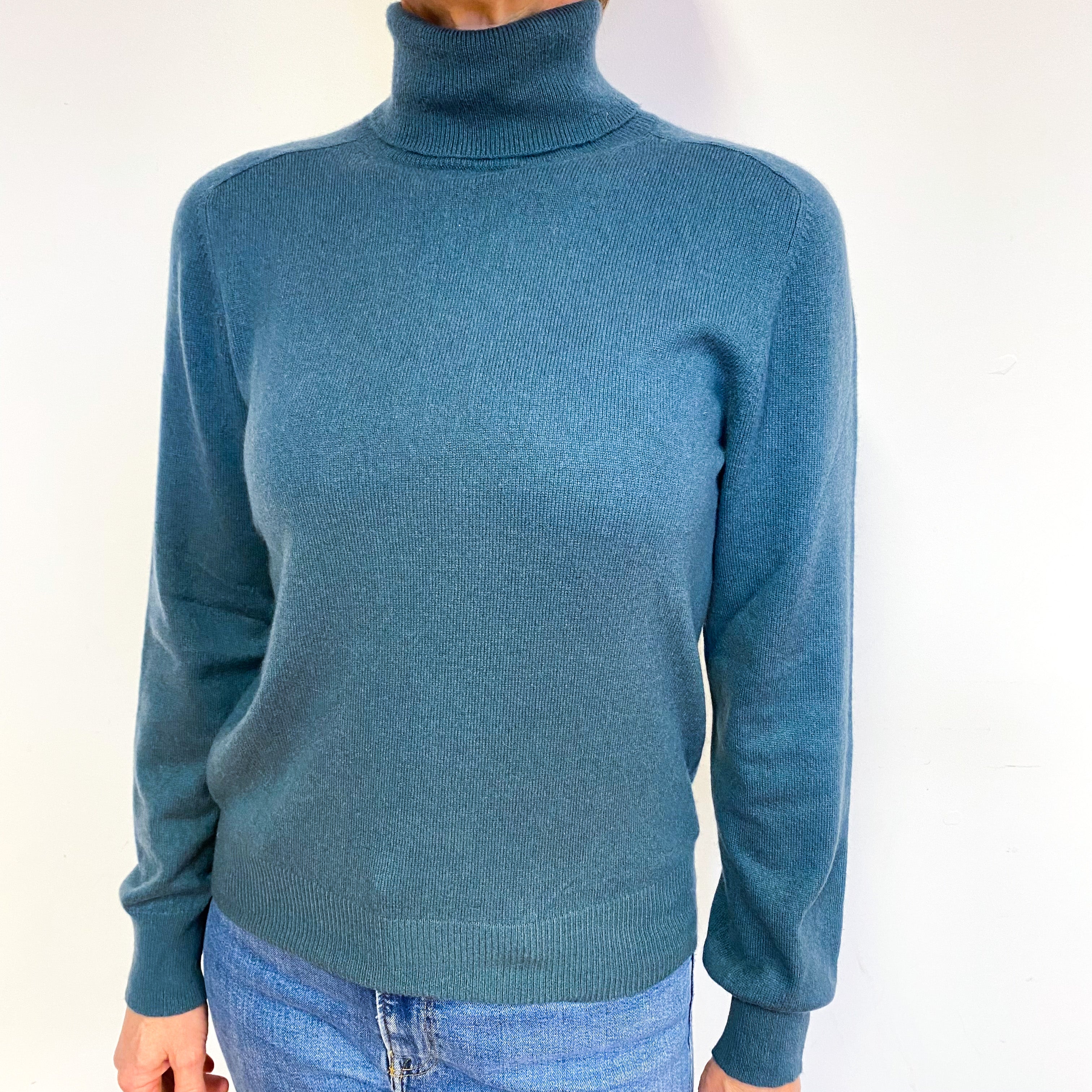 Muted Slate Green Cashmere Polo Neck Jumper Medium