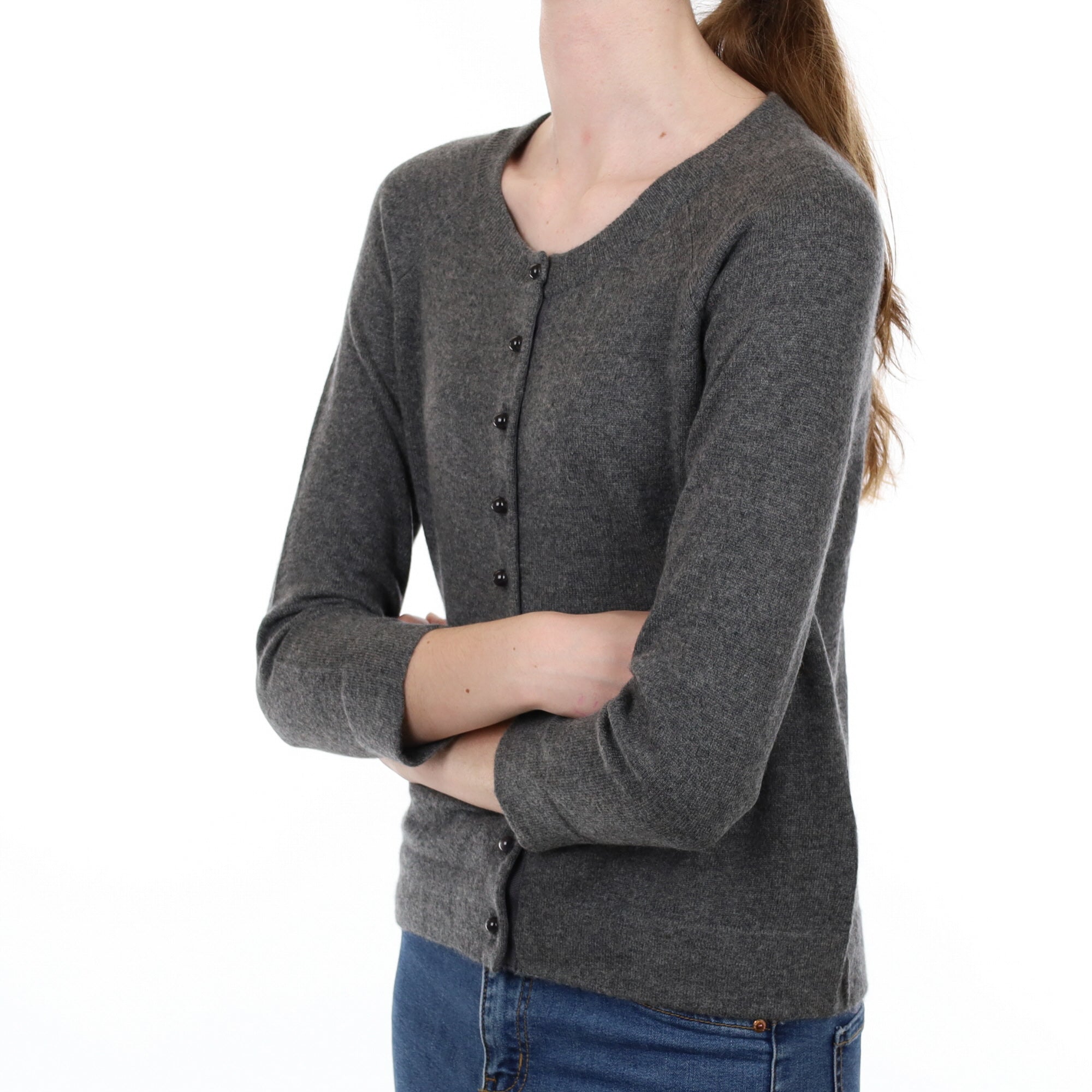 Slate Grey Cashmere Crew Neck Cardigan Extra Small