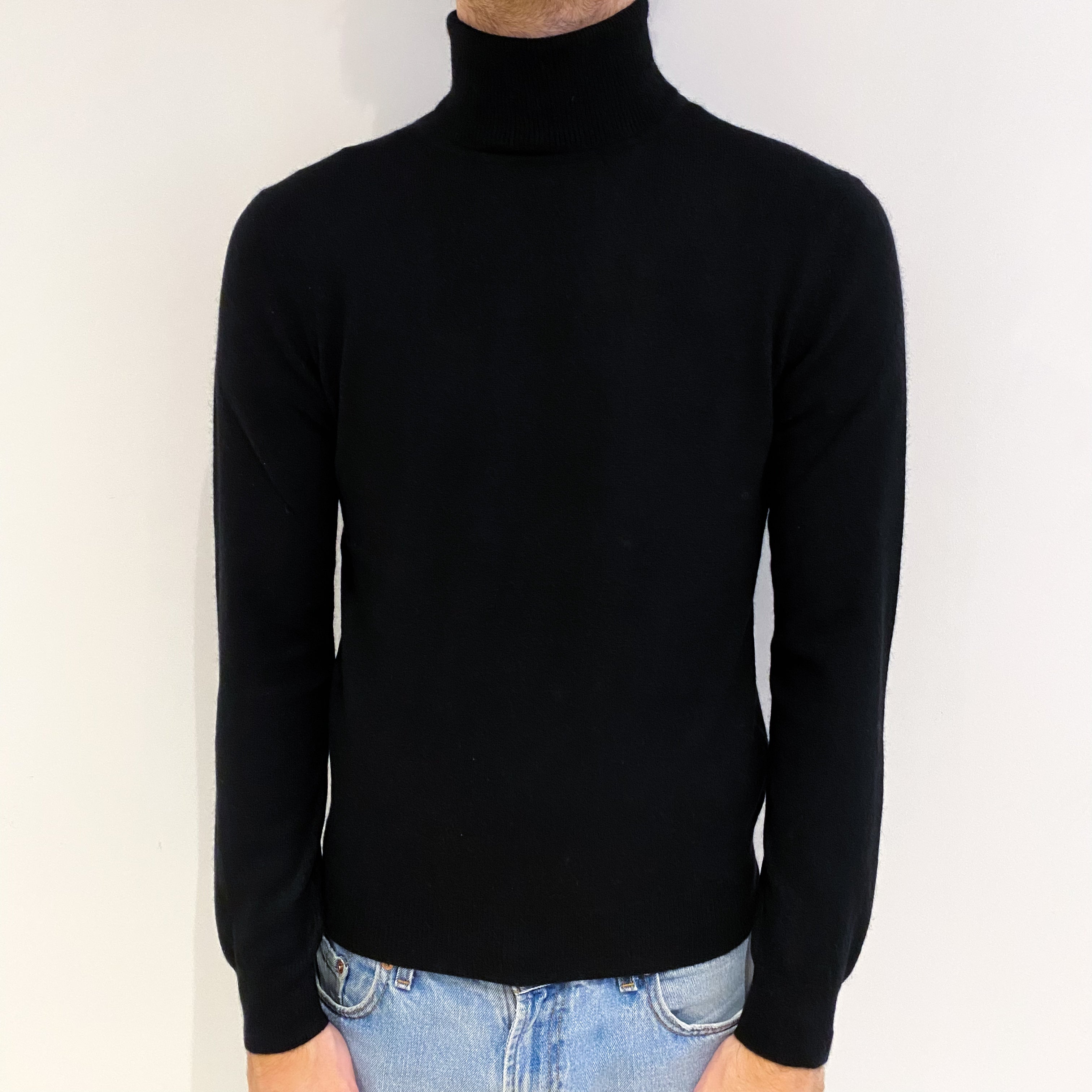 Men's Black Cashmere Polo Neck Jumper Medium