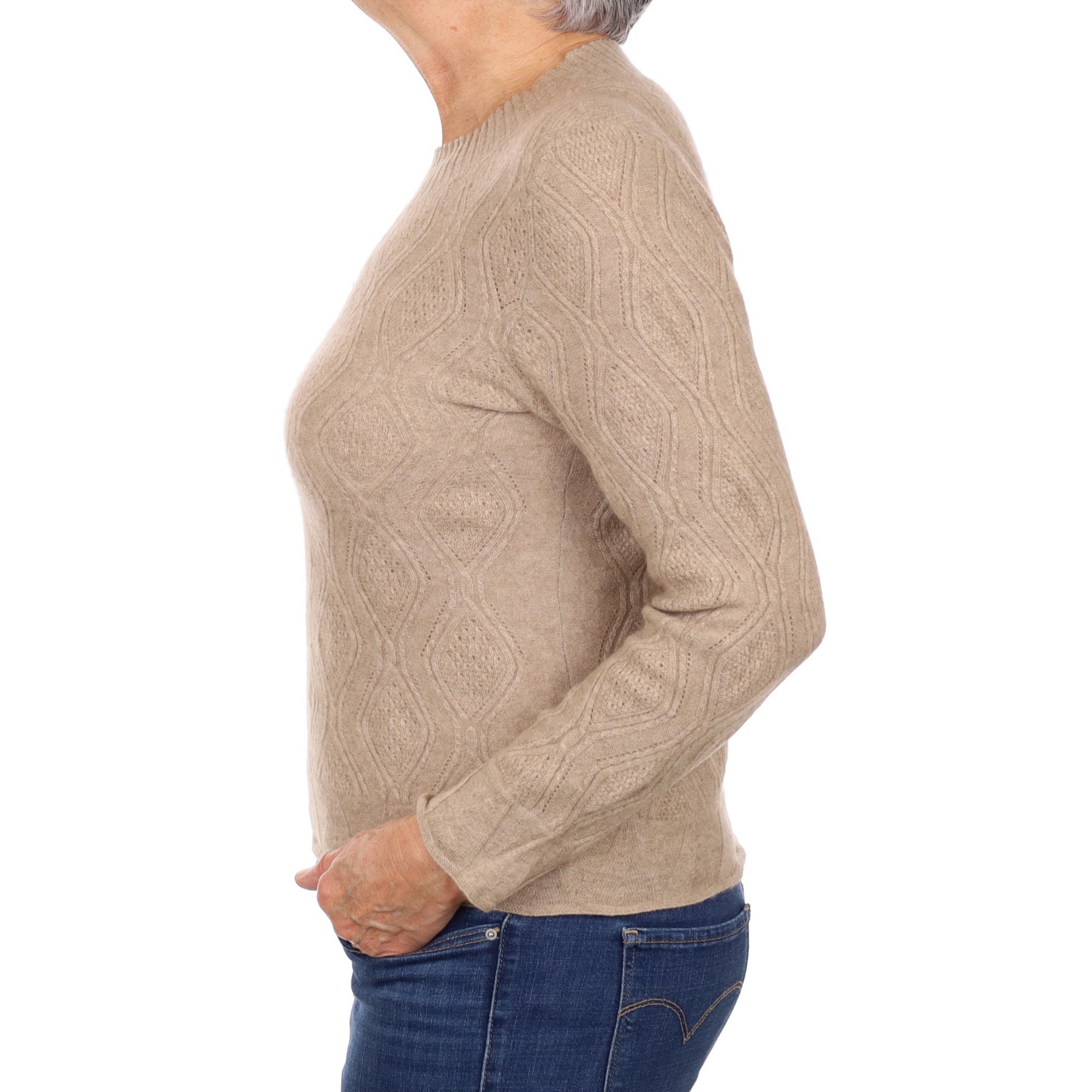 Taupe Brown Lace Knit Cashmere Crew Neck Jumper Medium