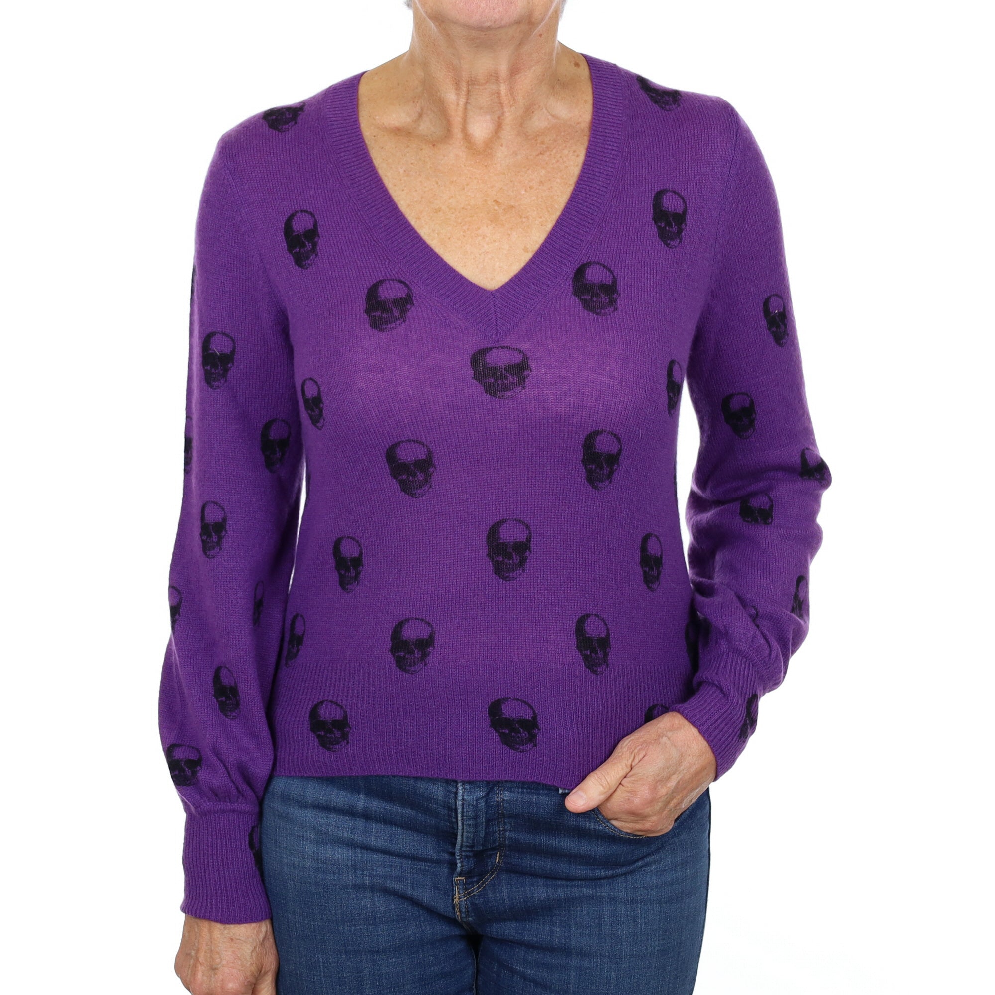 Skull Cashmere Grape Purple Patterned Cashmere V Neck Jumper Medium