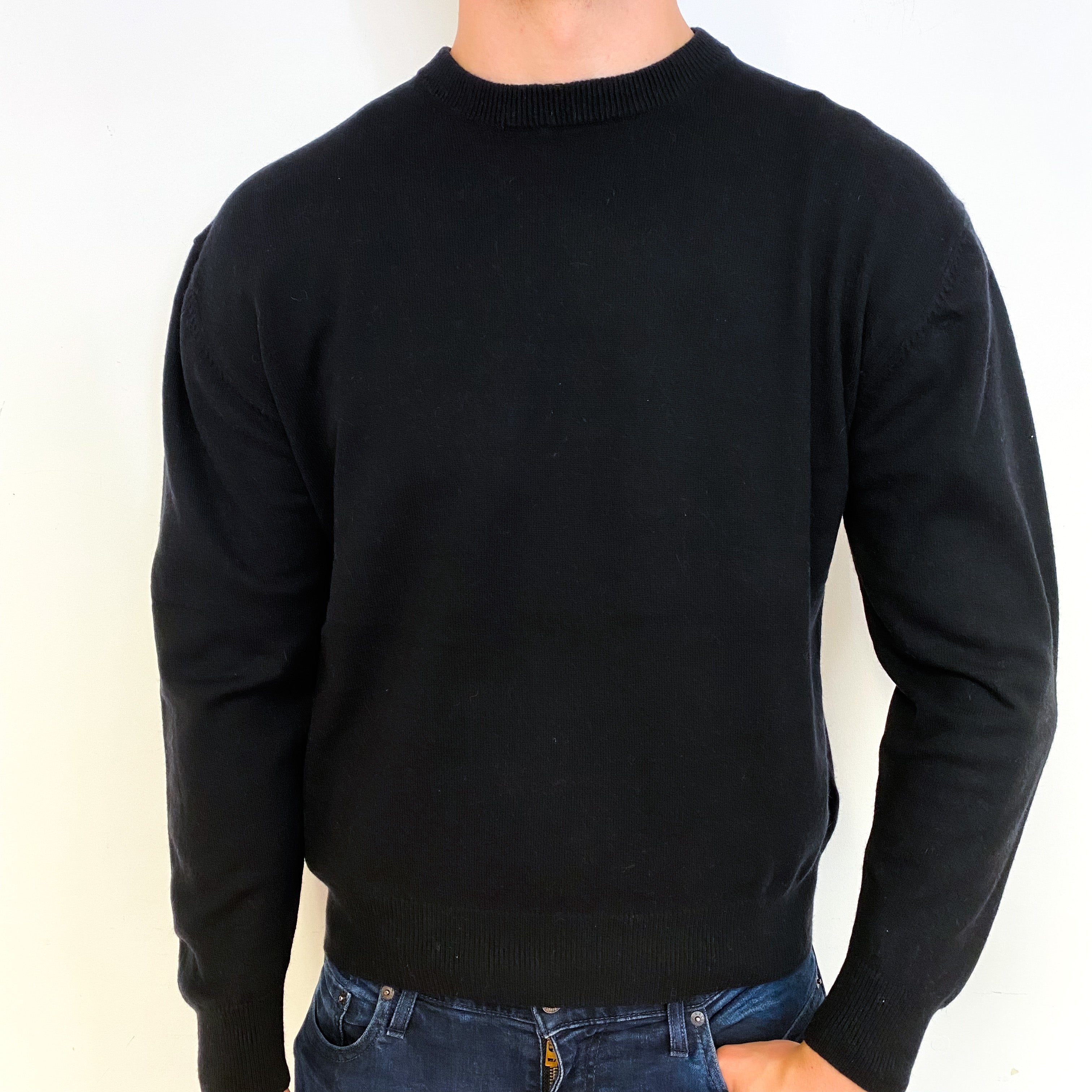 Men's Short Black Cashmere Crew Neck Jumper Extra Extra Large