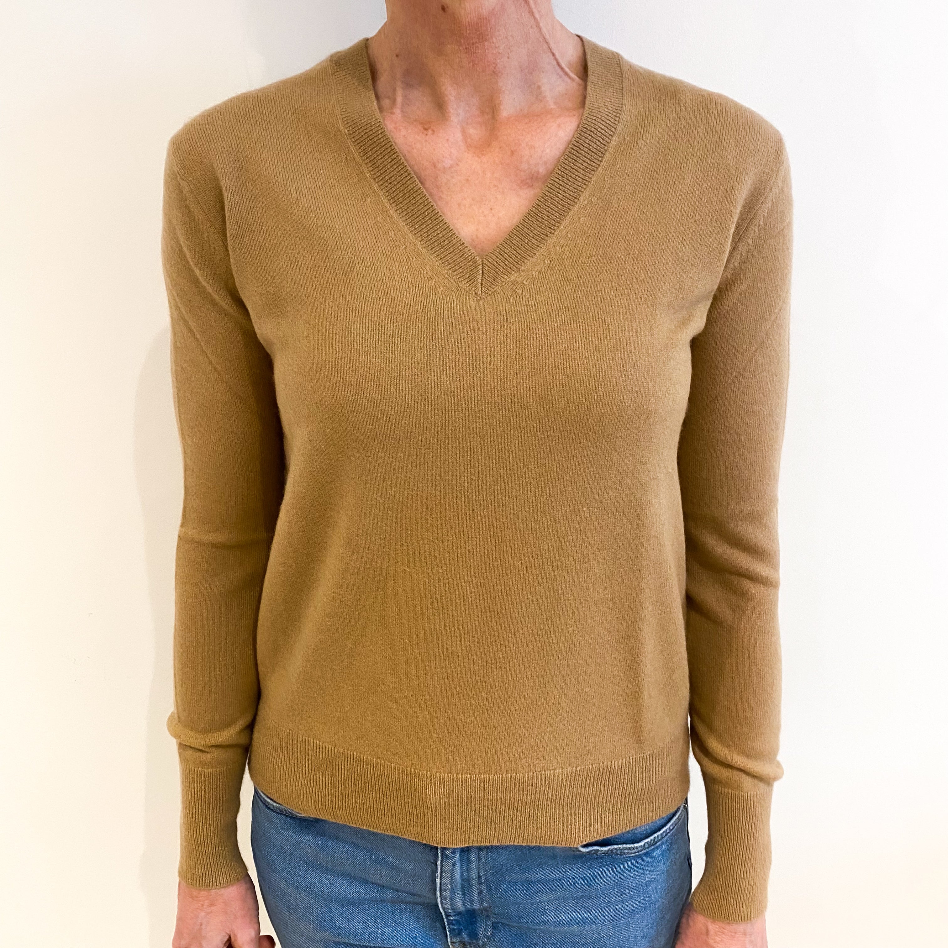 Butterscotch Brown Cashmere V Neck Jumper Small
