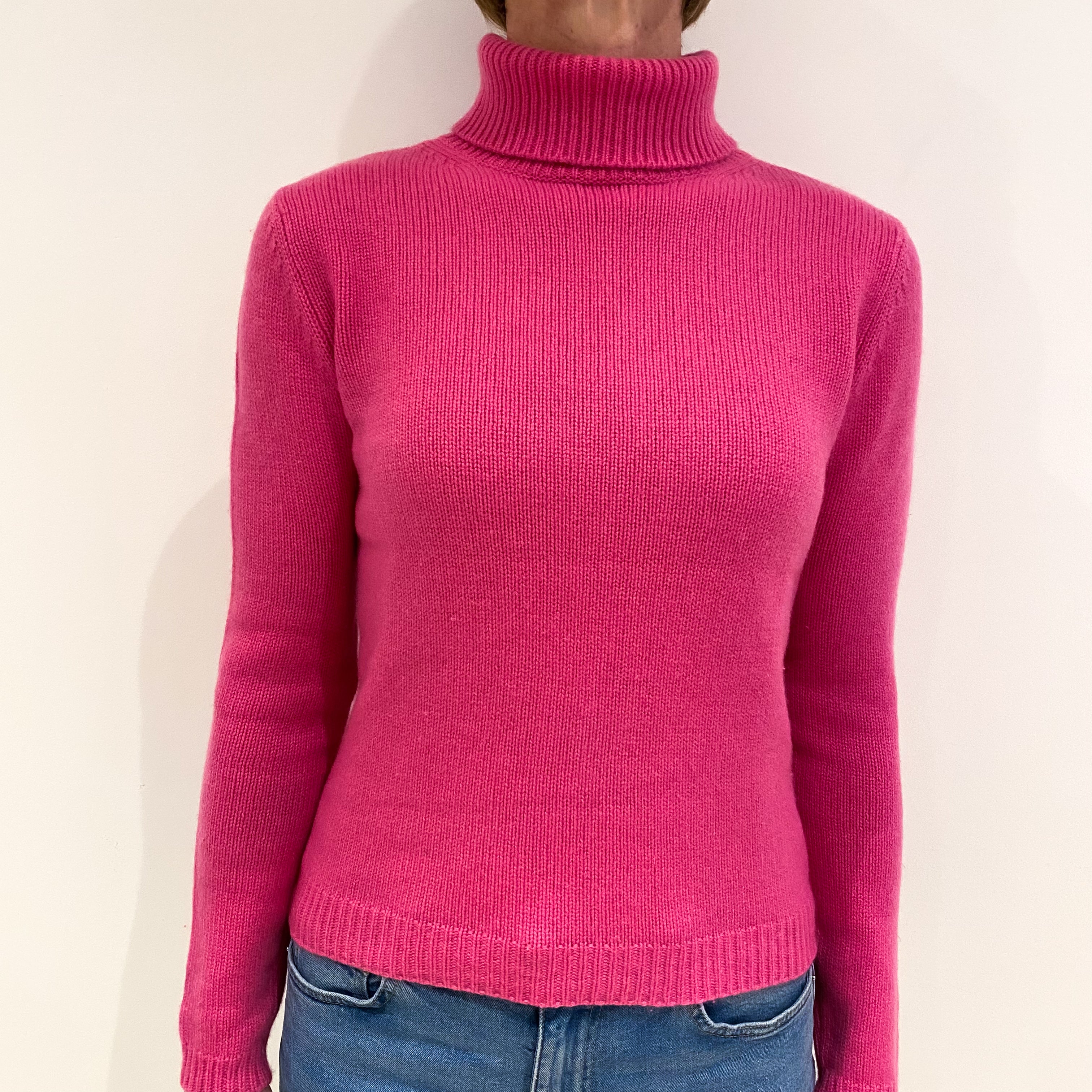 Heavy Knit Lupin Pink Cashmere Polo Neck Jumper Small