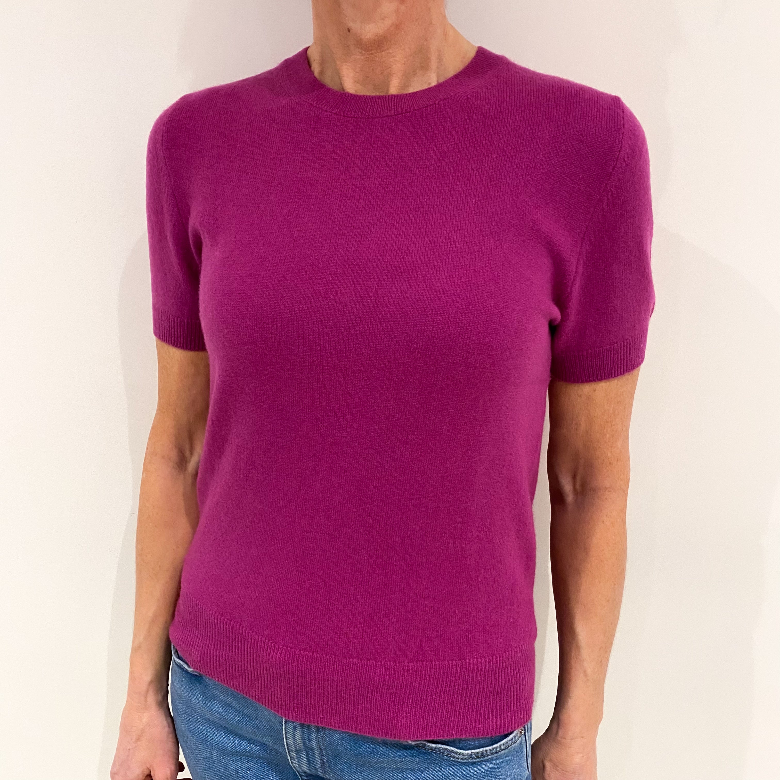 Magenta Pink Cashmere Short Sleeved Crew Neck Jumper Small
