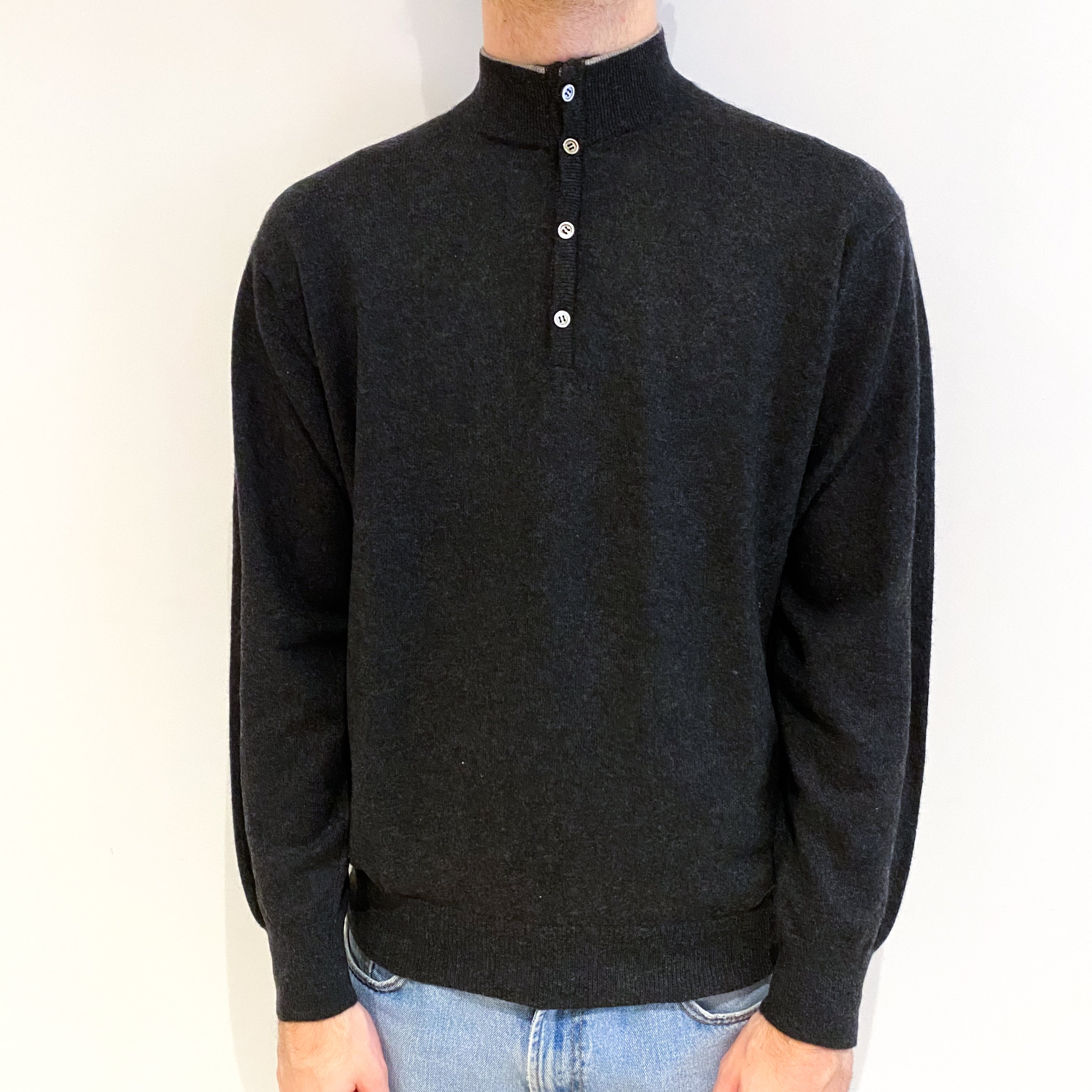 Men's Charcoal Grey Cashmere 3/4 Button Up Turtle Neck Jumper Large