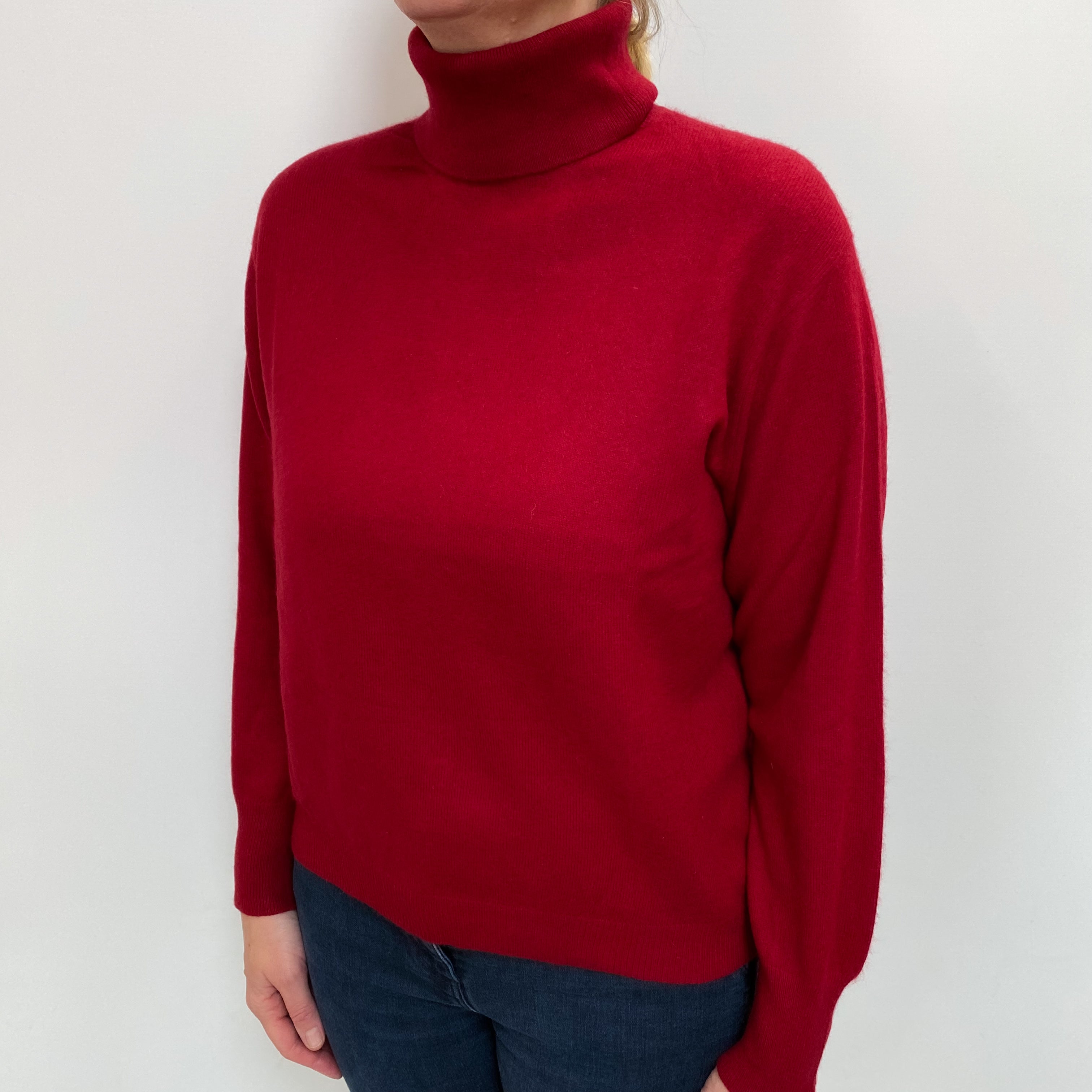Crimson Red Cashmere Polo Neck Jumper Large