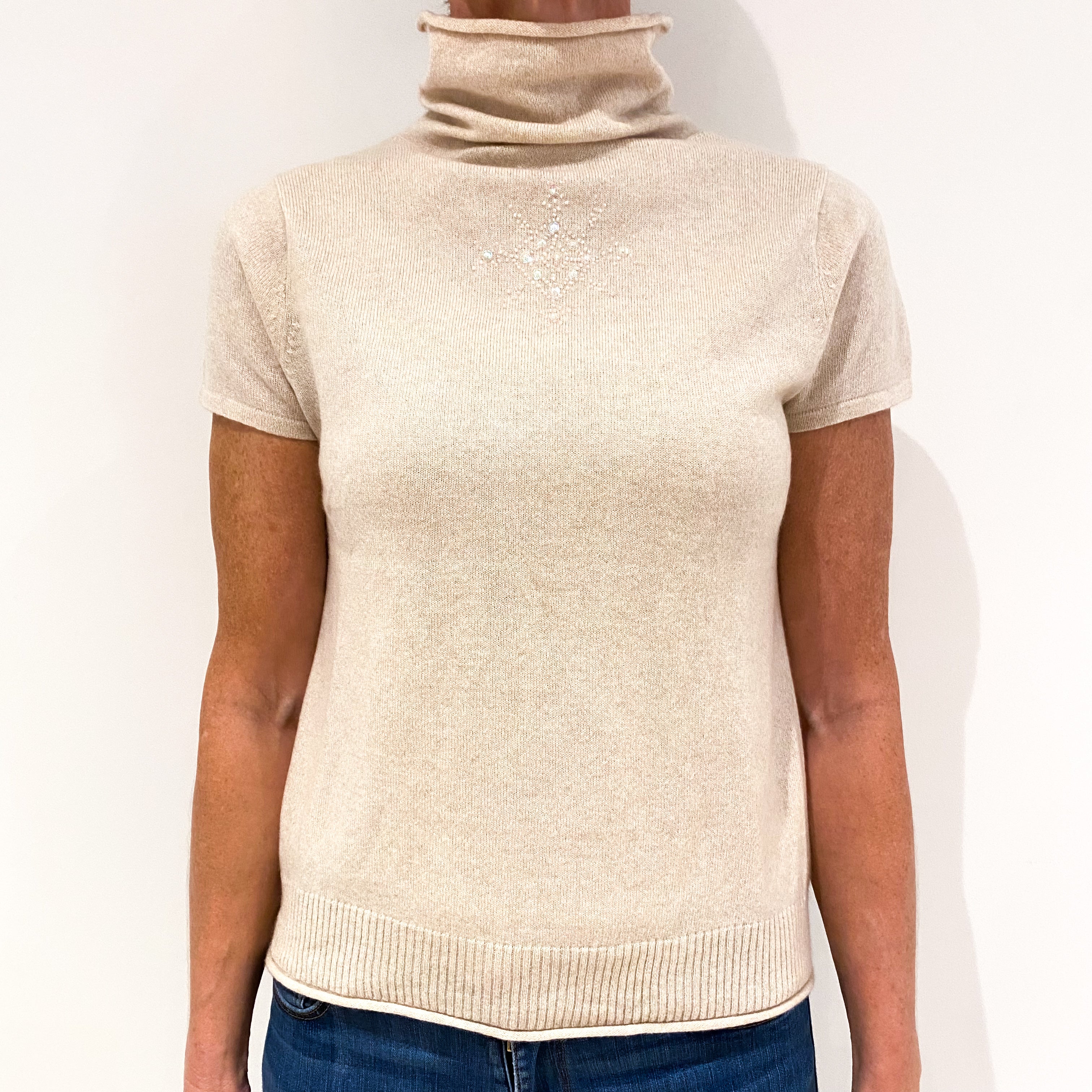 Oatmeal Snowflake Design Short Sleeved Cashmere Funnel Neck Jumper Small