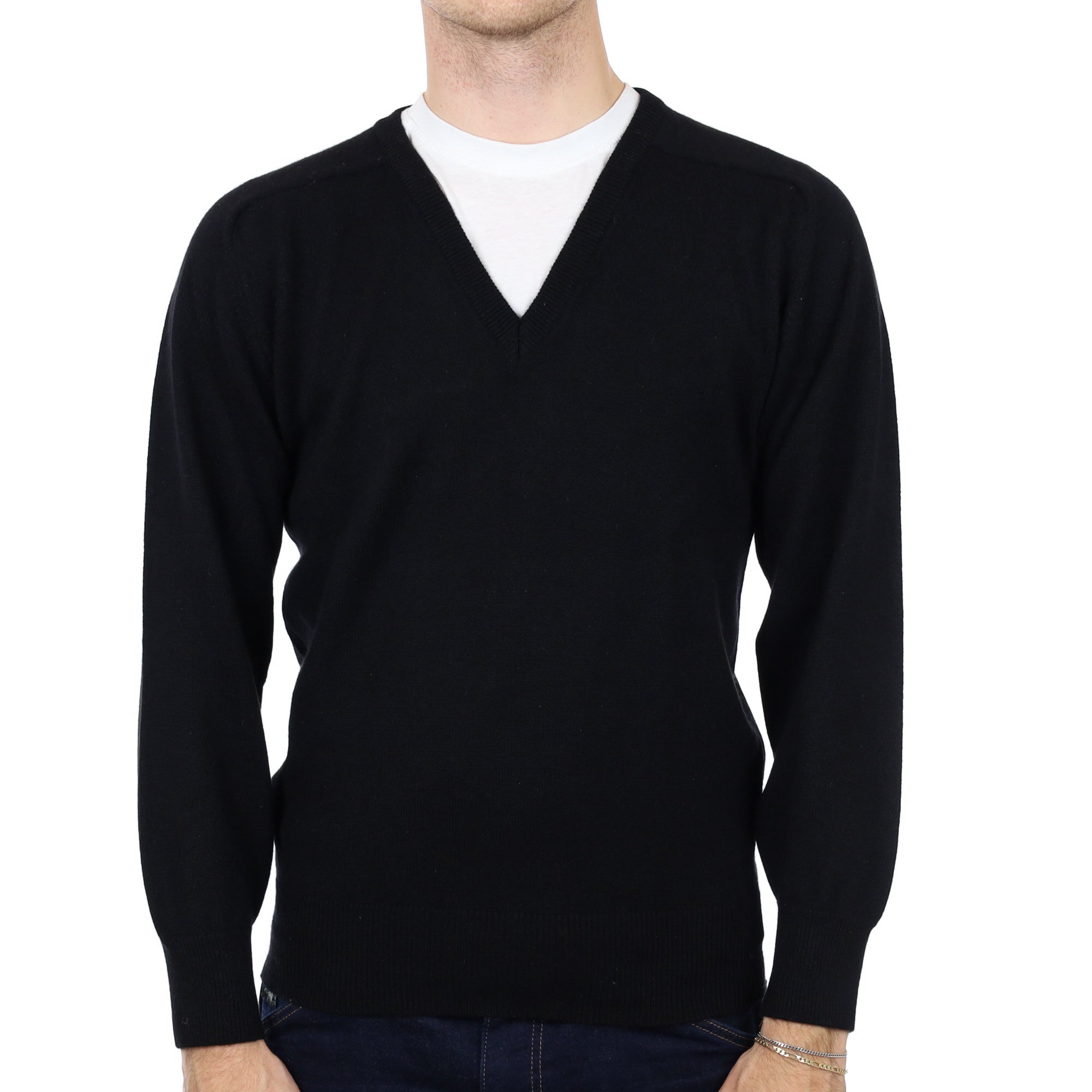 Men's Black Cashmere V Neck Jumper Medium