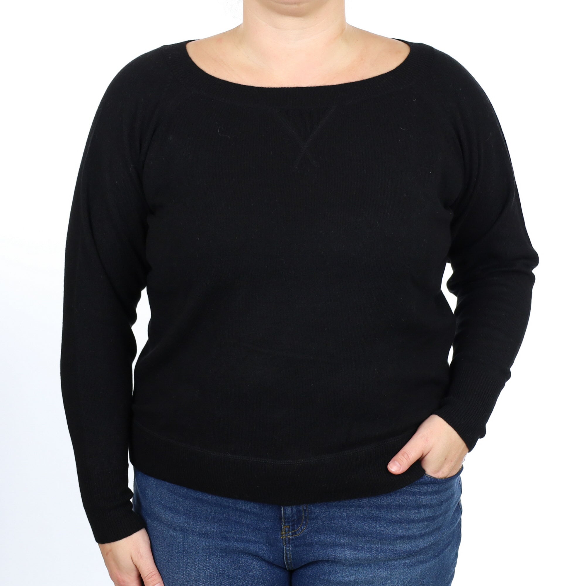 Black Cashmere Sweatshirt Style Boat Neck Jumper Large
