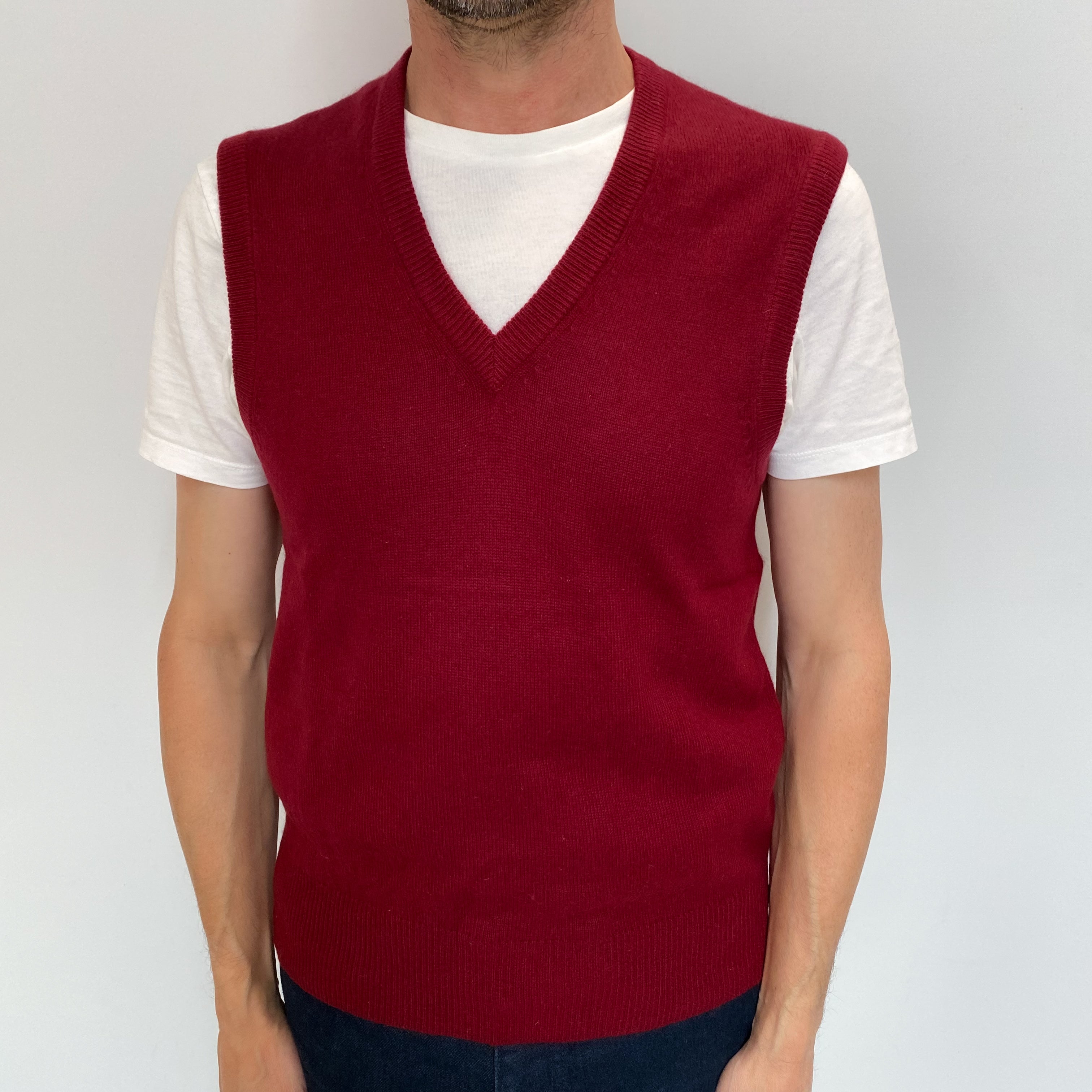 Men's Burgundy Red Cashmere V Neck Tank Top Small
