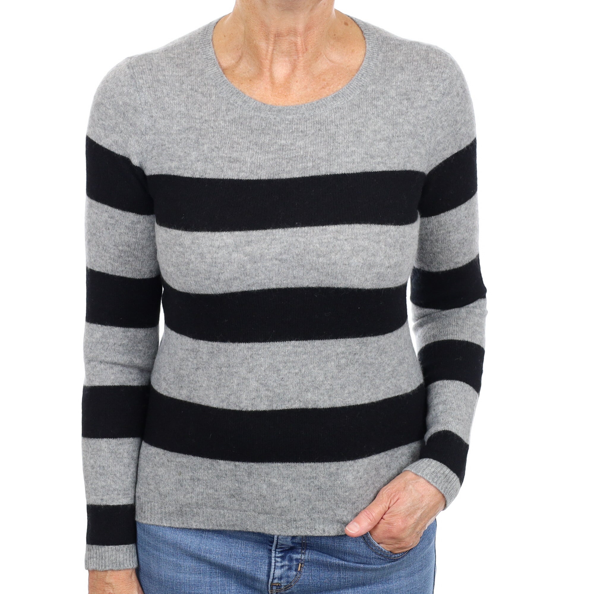 Grey and Black Stripe Cashmere Crew Neck Jumper Medium