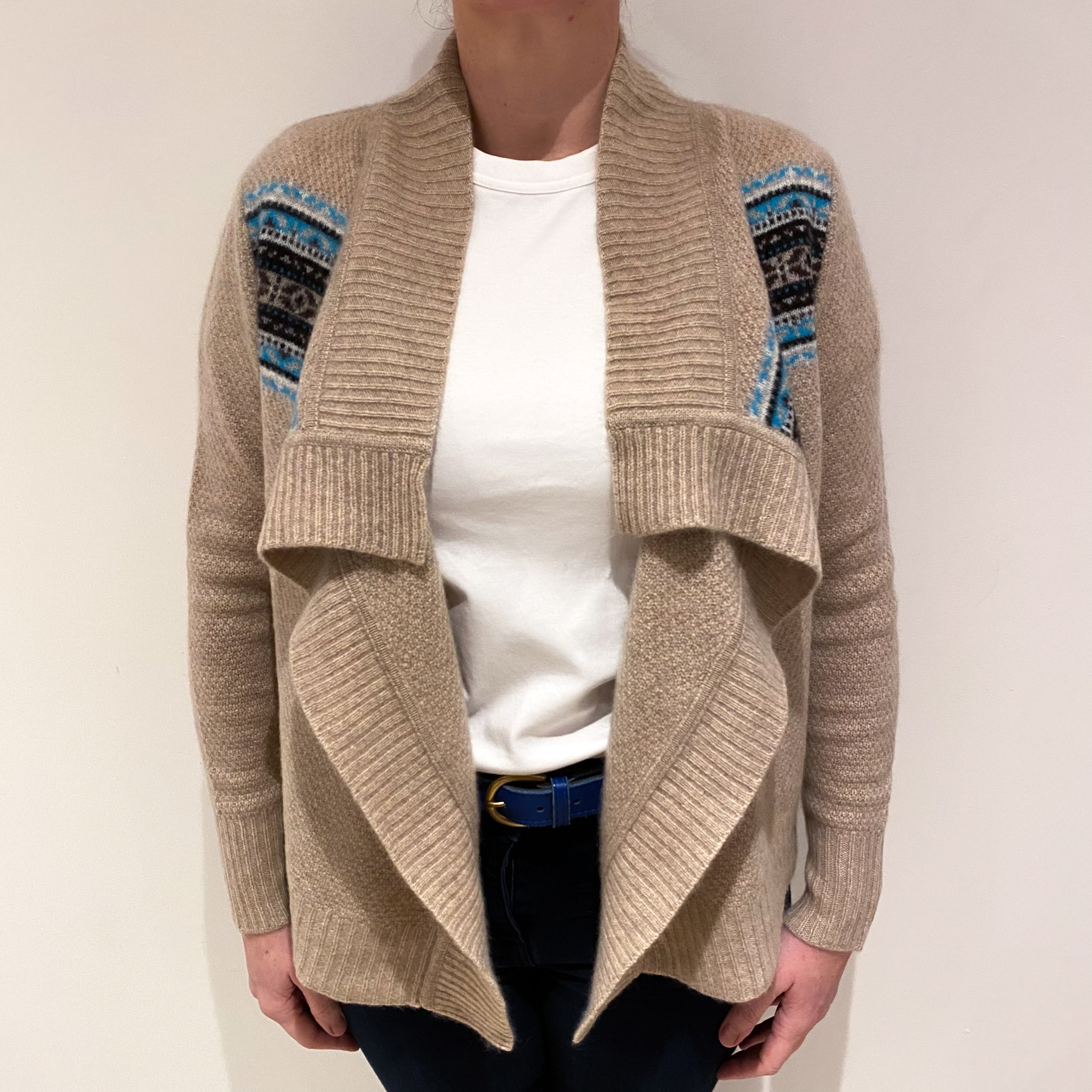 Fawn Fair Isle Cashmere Waterfall Cardigan Large