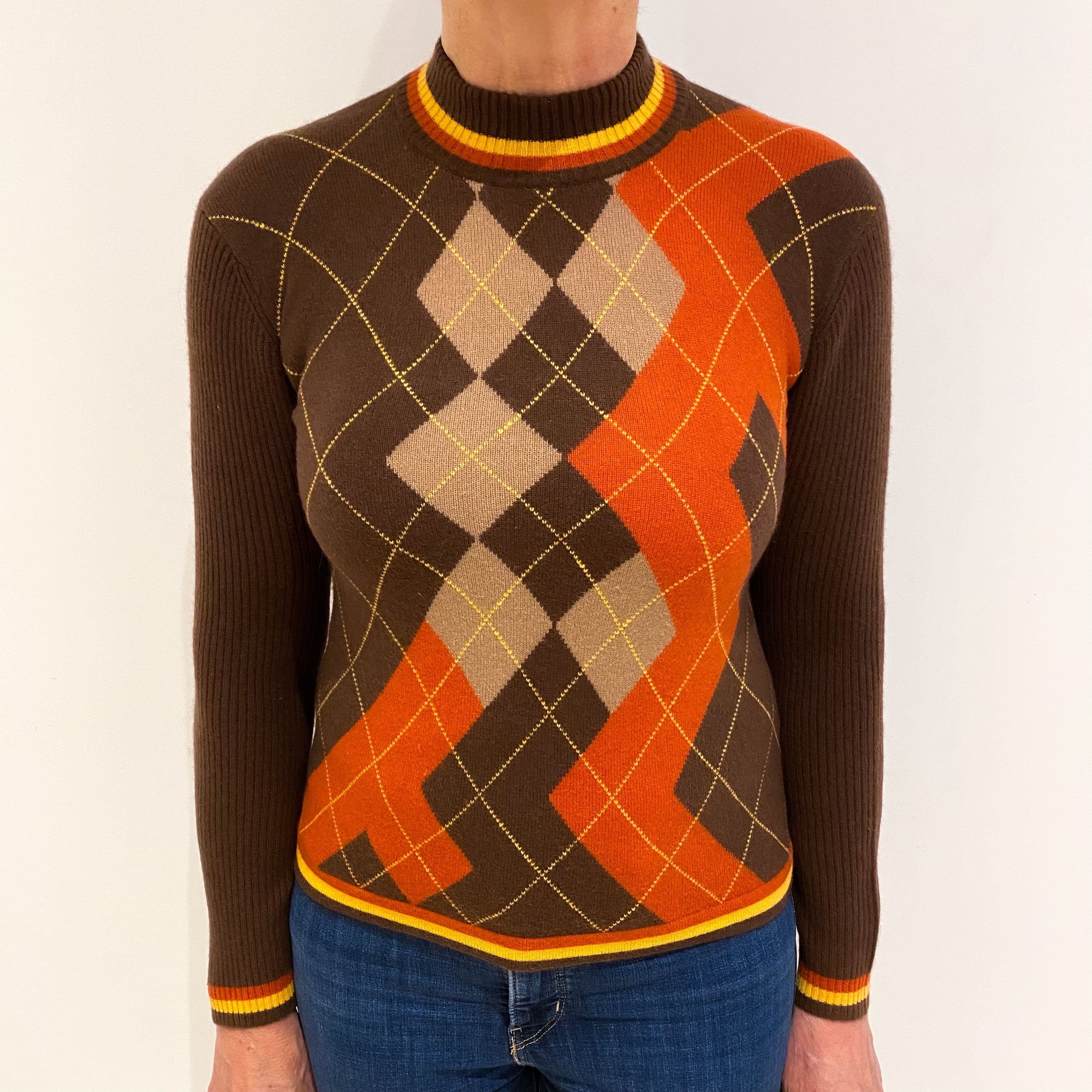 Trussardi Italian Umber Brown And Orange Argyle Cashmere Turtle Neck Jumper Medium
