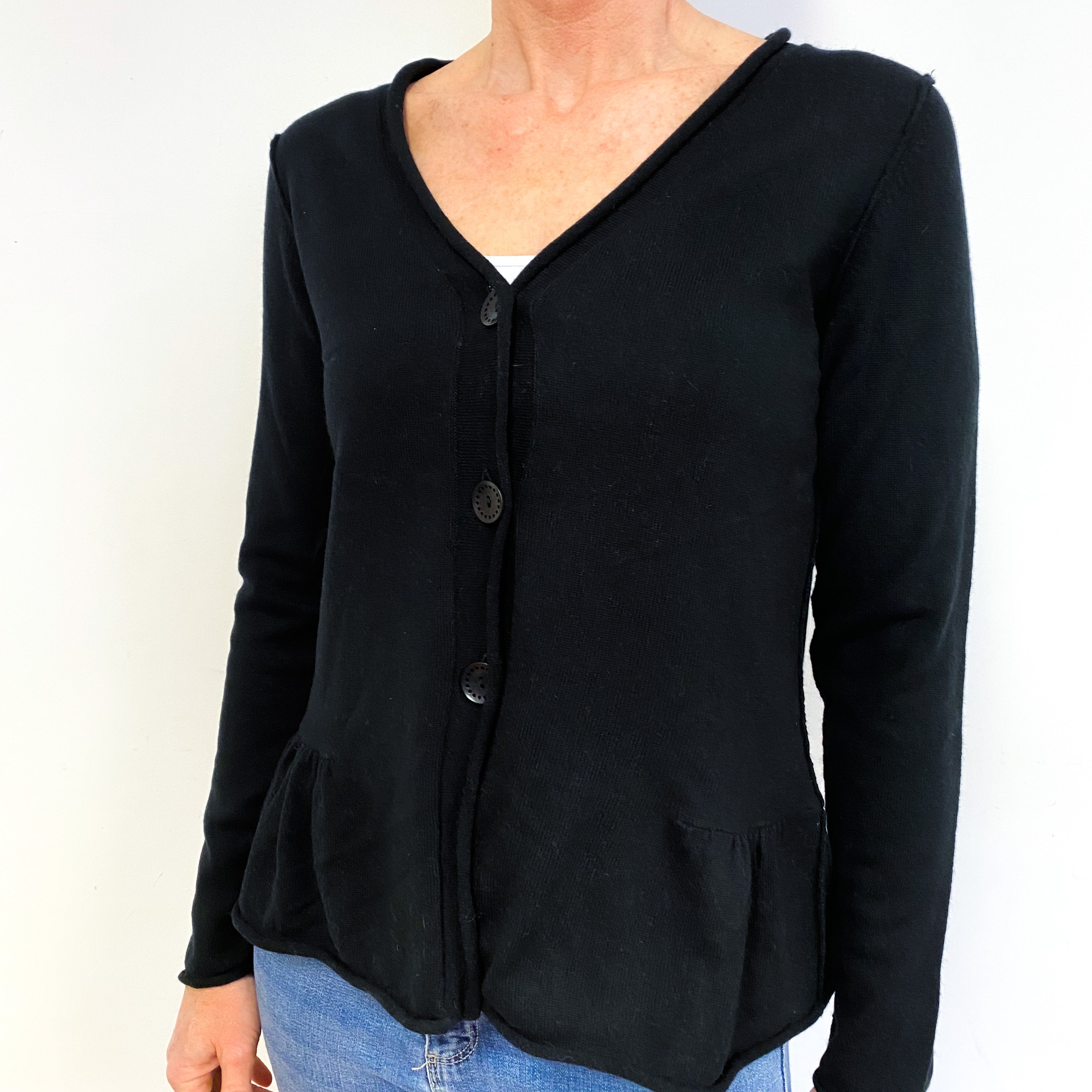 Black Ruffle Hem Cashmere V-Neck Cardigan Medium