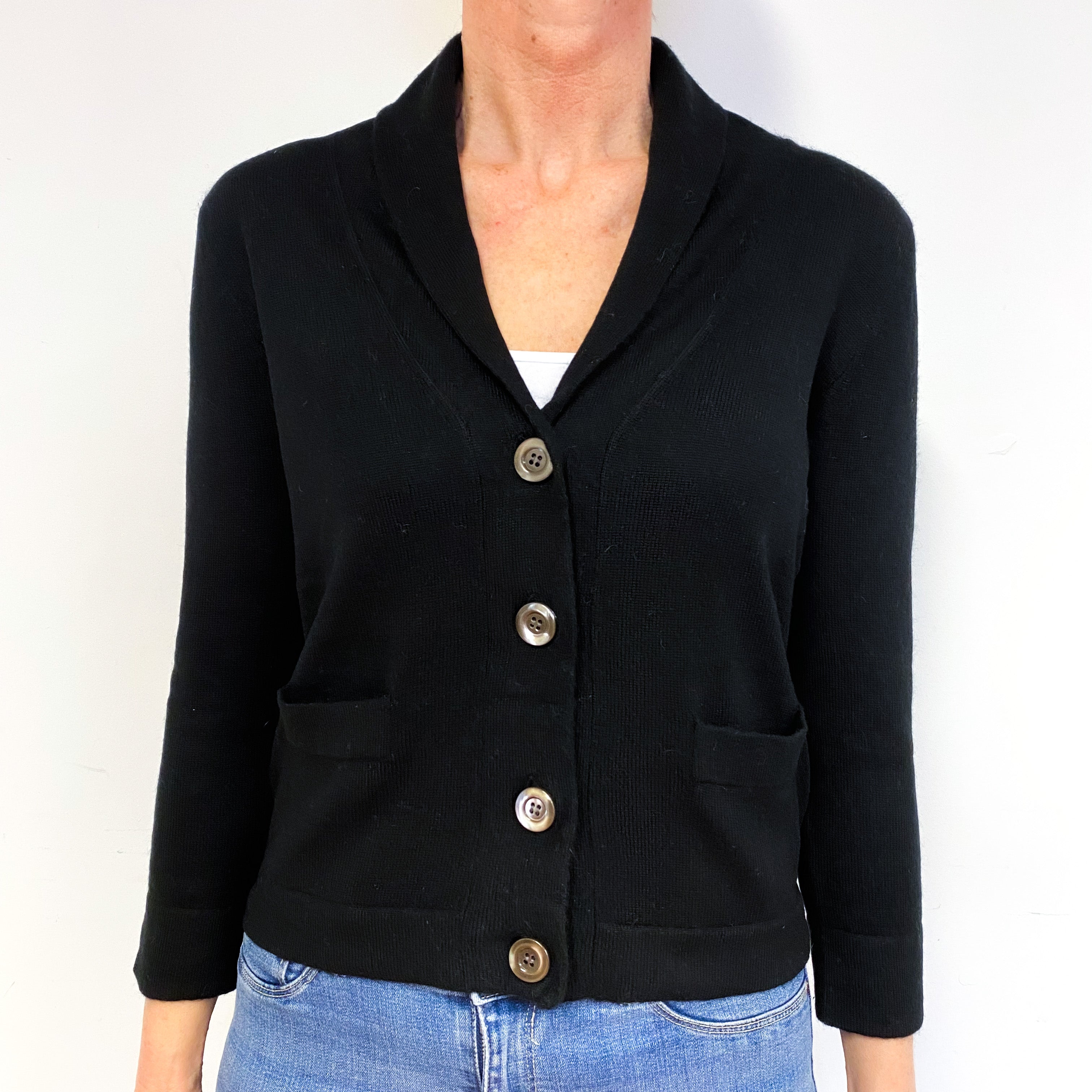 Black Cashmere Collared V-Neck Cardigan with Pockets Medium