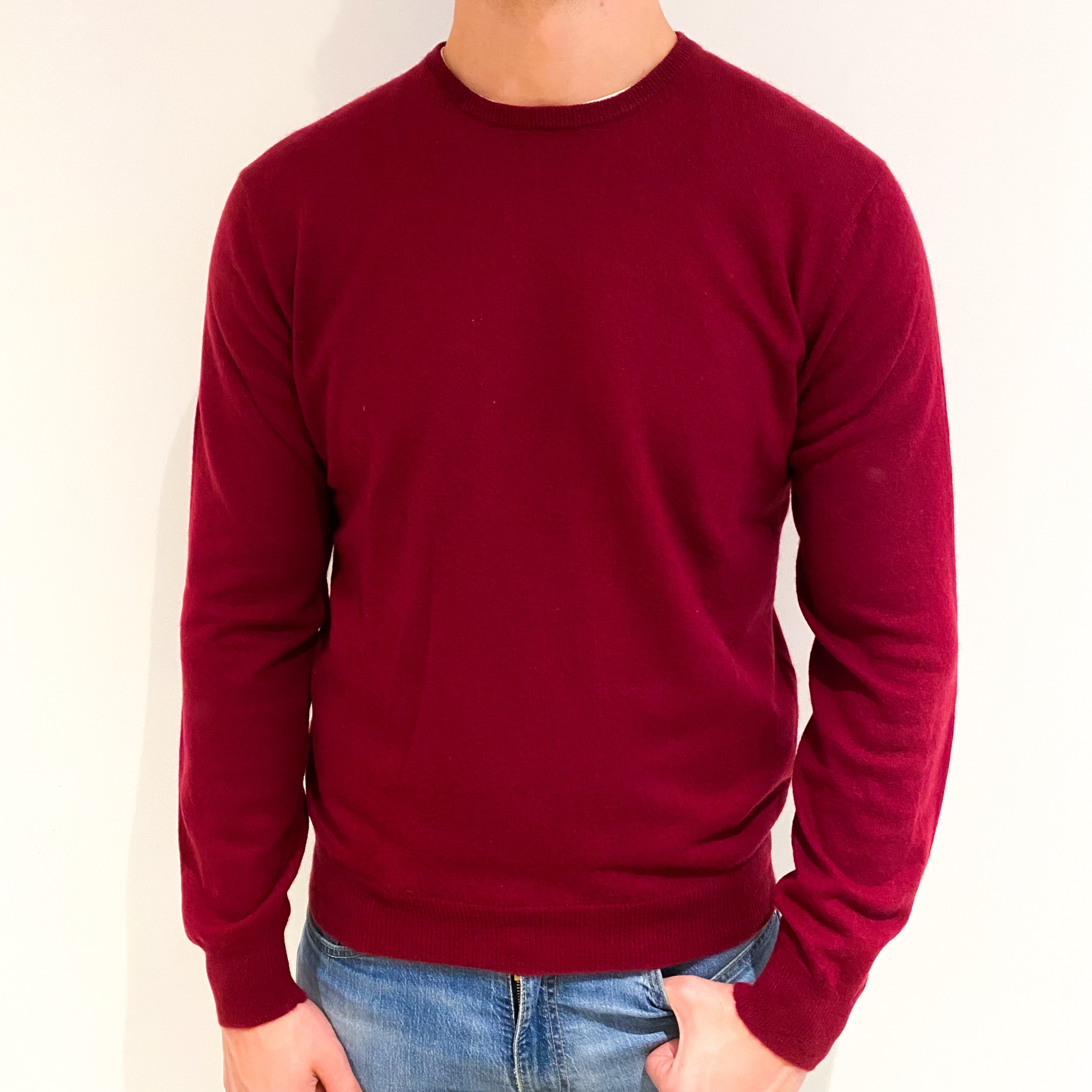 Men's Burgundy Red Cashmere Crew Neck Jumper XL