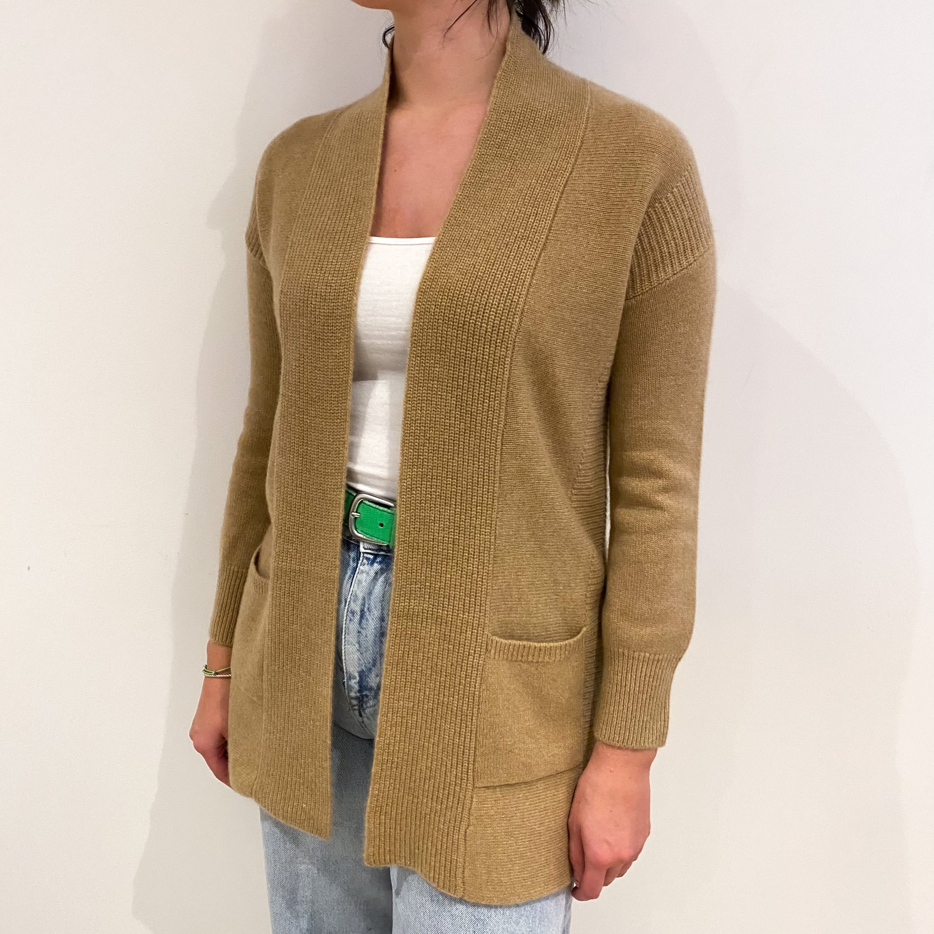 Caramel Brown Cashmere Edge To Edge Cardigan With Pockets Small