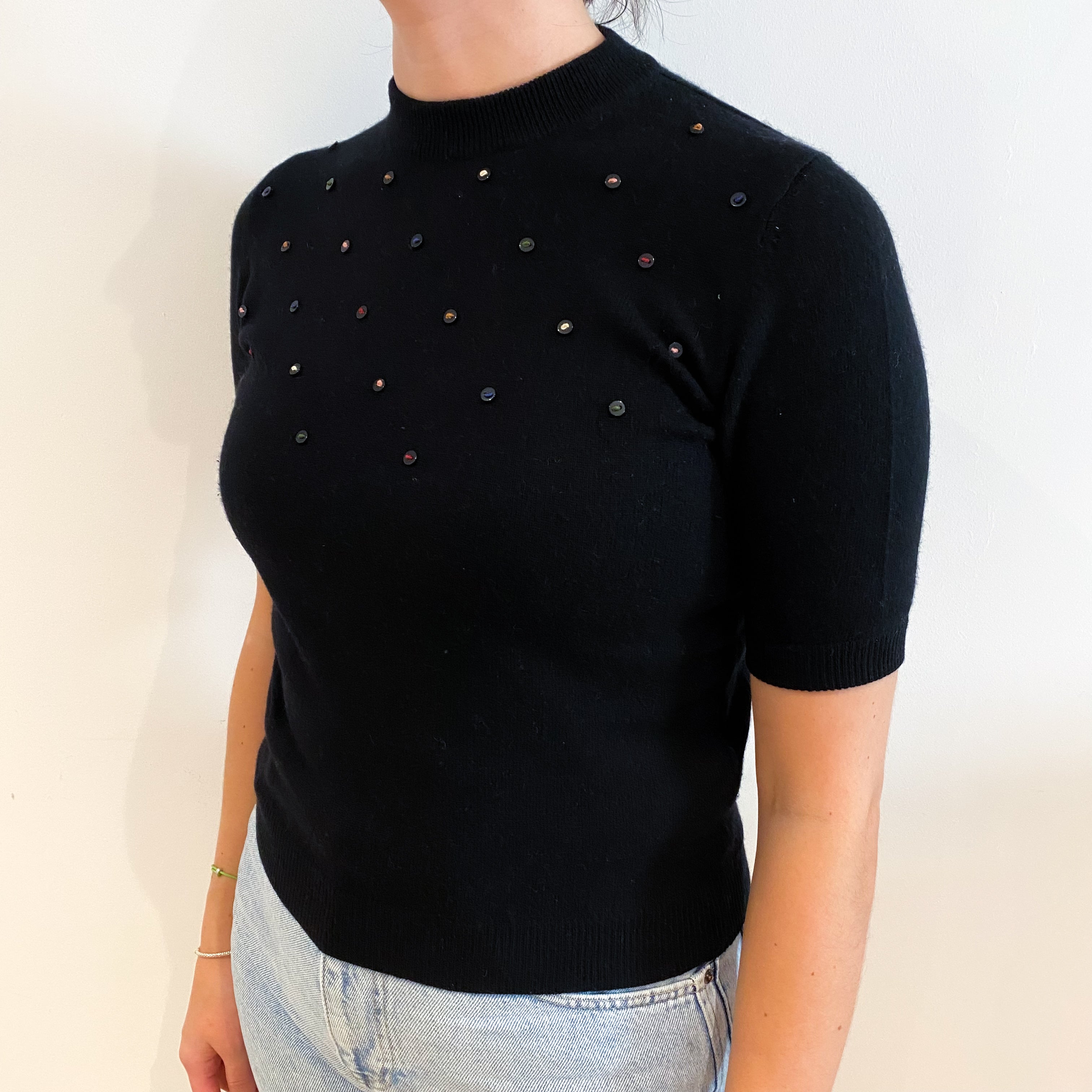 Black Cashmere Crew Neck Short Sleeved Jumper Small