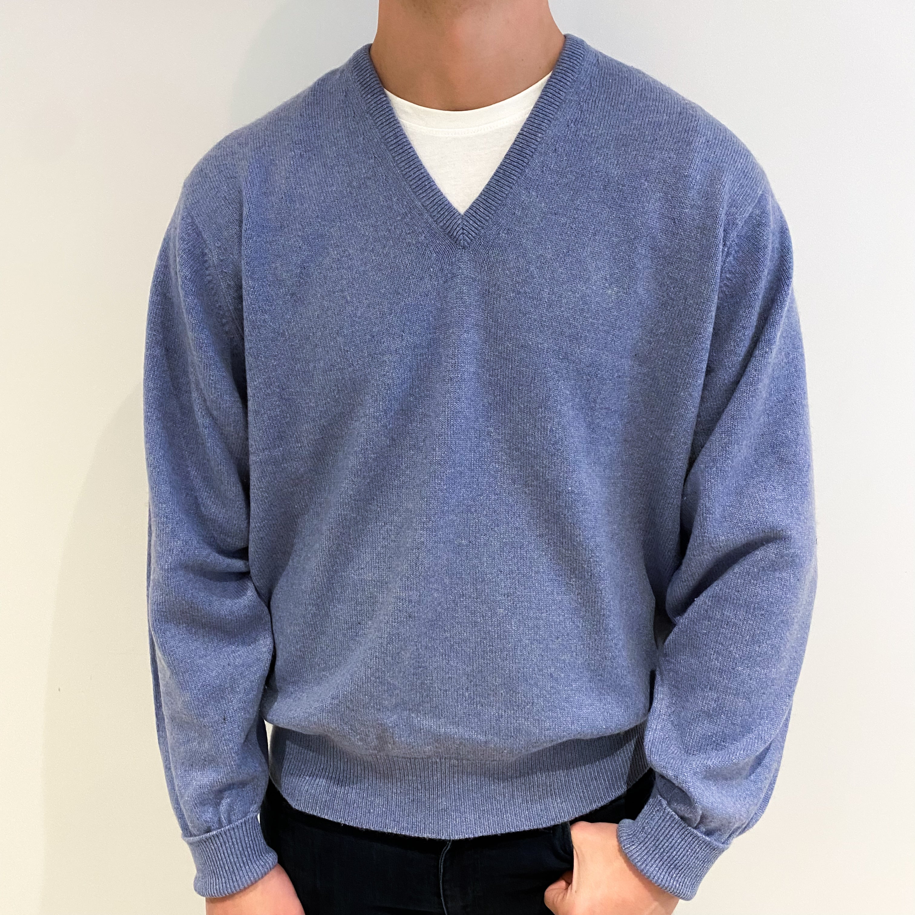 Men's Scottish Denim Blue Cashmere V Neck Jumper XXL