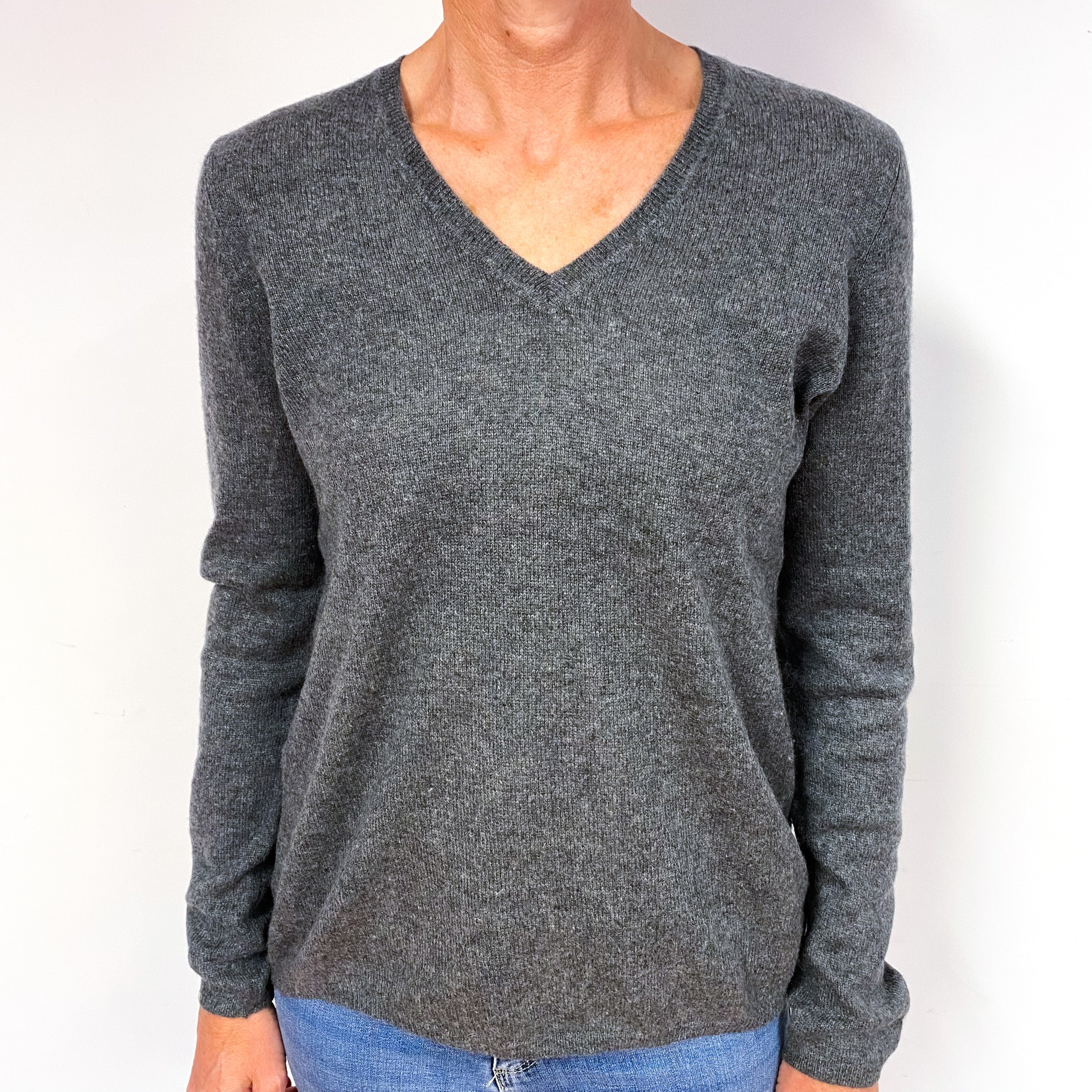 Slate Grey Lightweight Cashmere V-Neck Jumper Medium