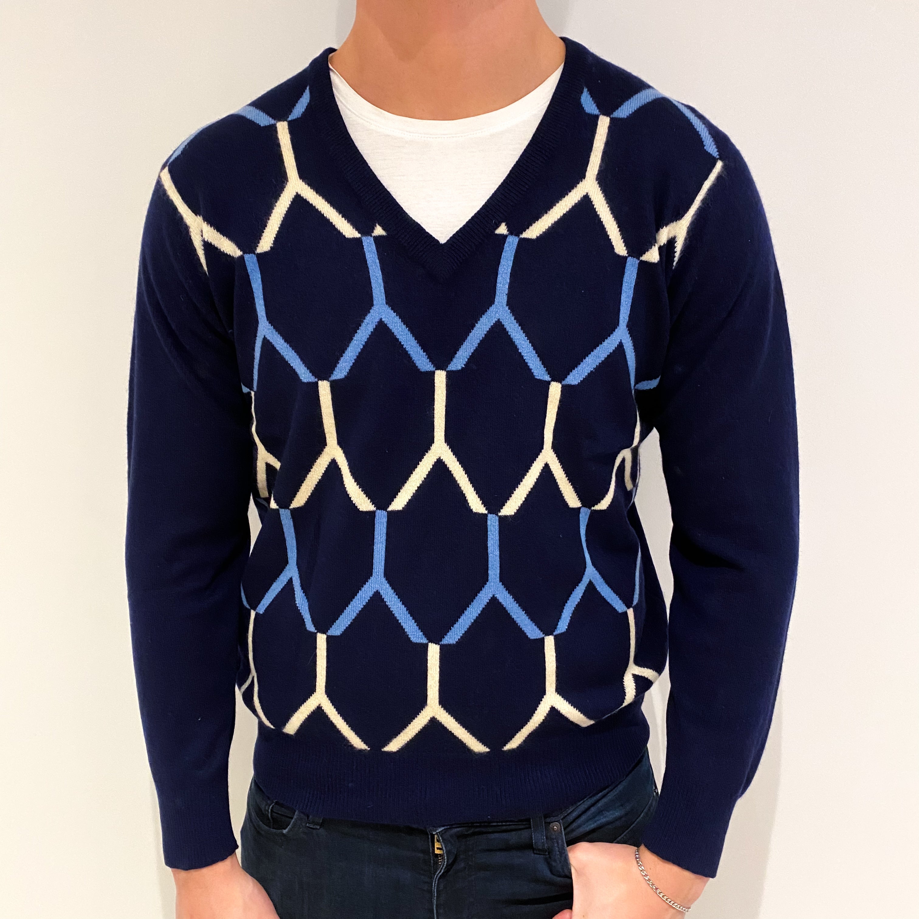 Men's Navy Patterned Cashmere V Neck Jumper XL