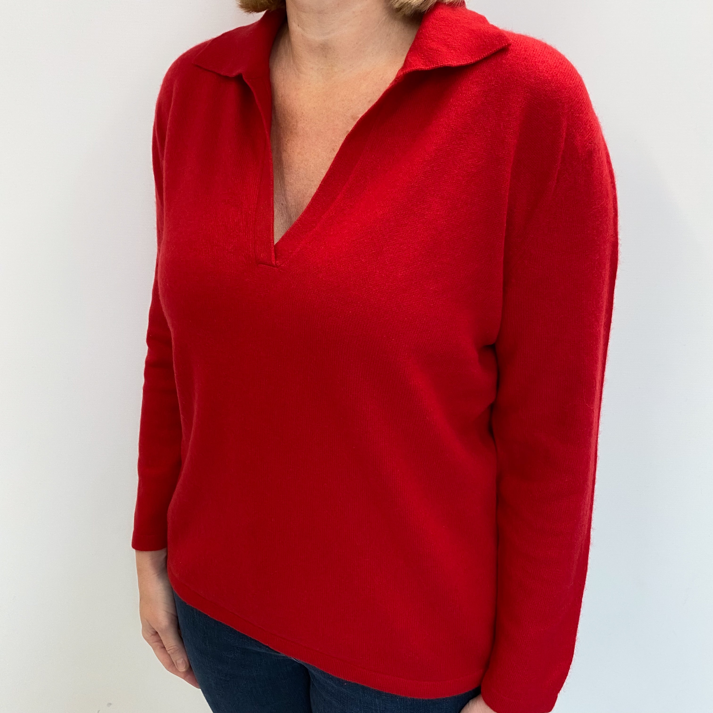 Scarlet Red Cashmere Collared V Neck Jumper Large