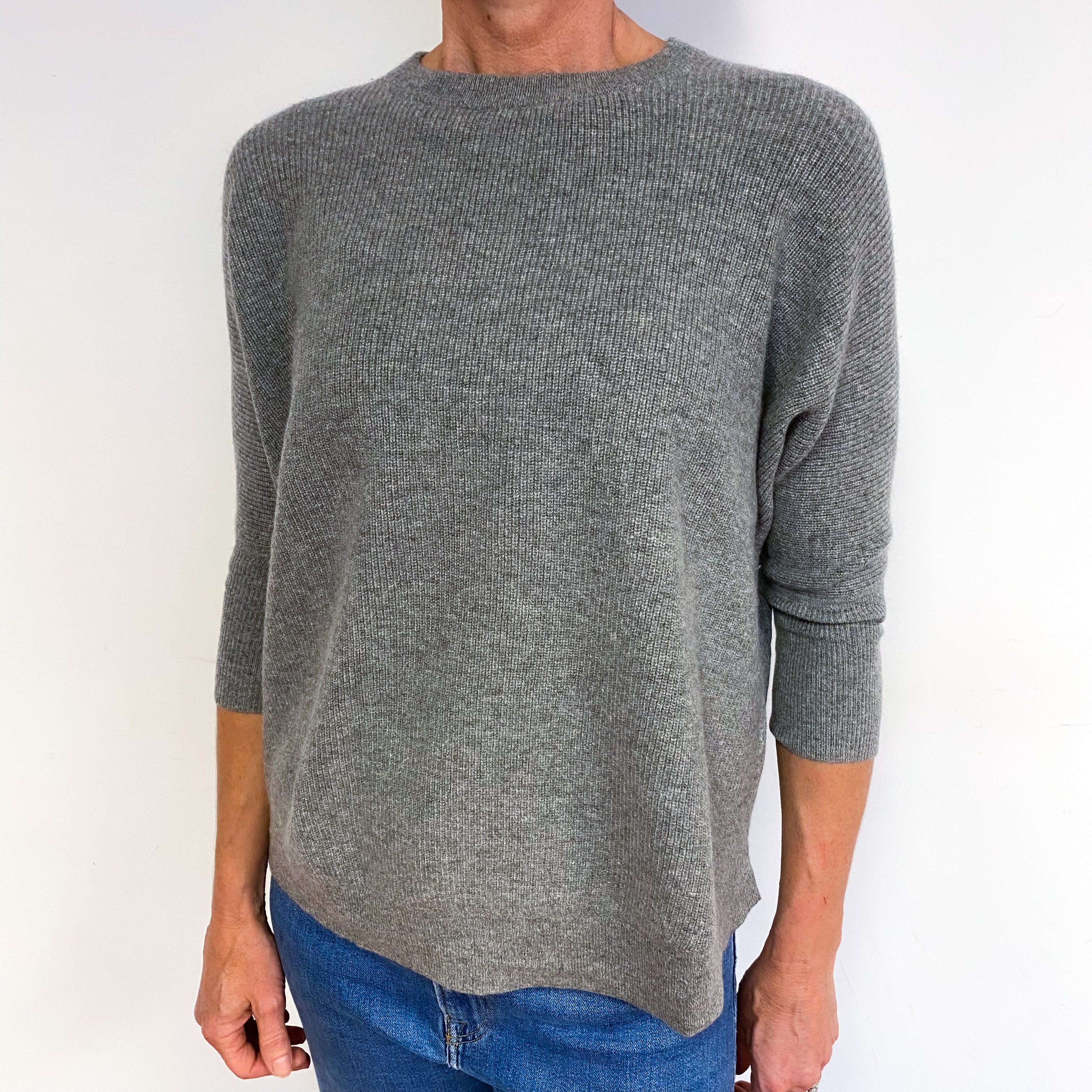 Grey 3/4 Sleeve Boxy Cashmere Crew Neck Jumper Medium