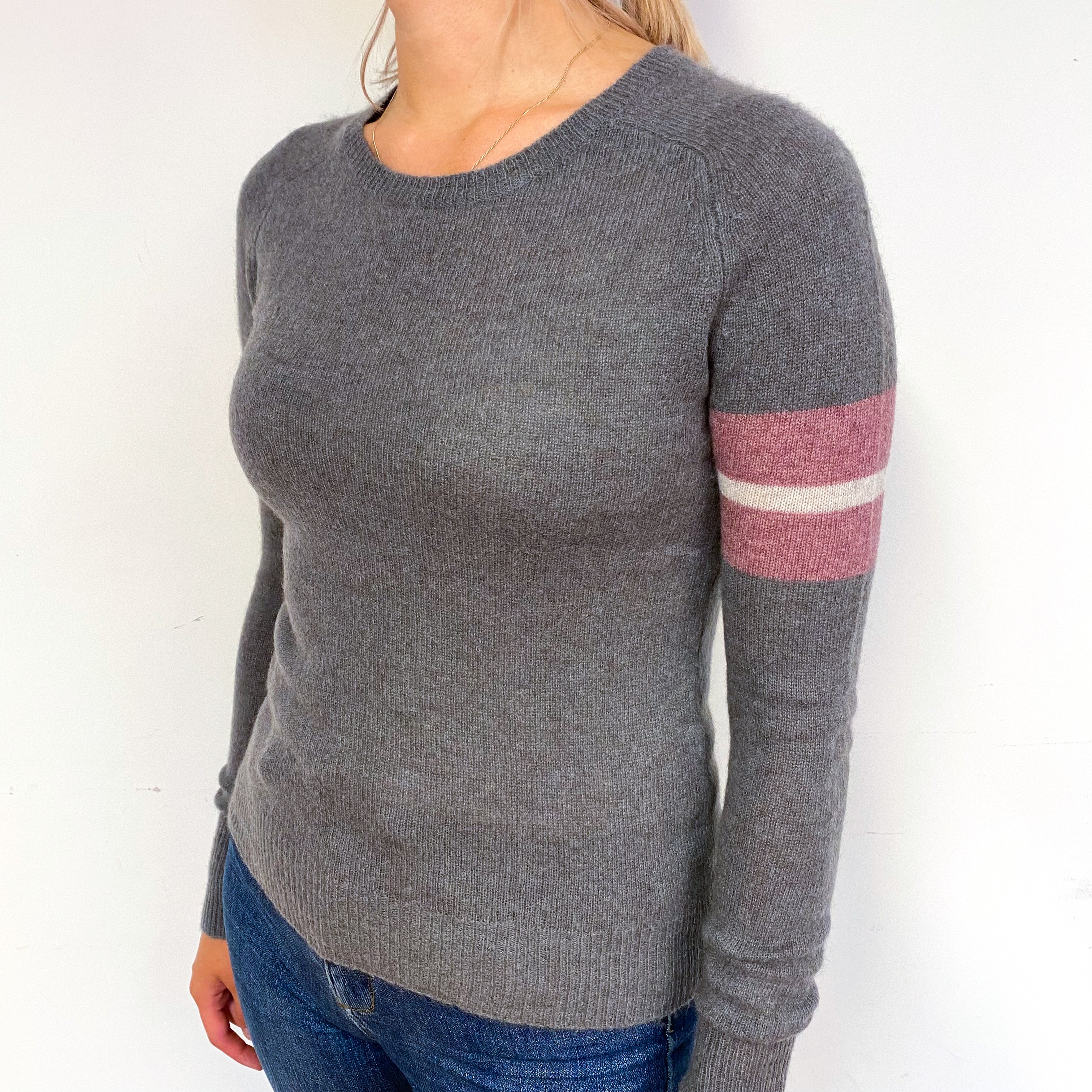 Steel Grey Heather Trim Cashmere Crew Neck Jumper Small
