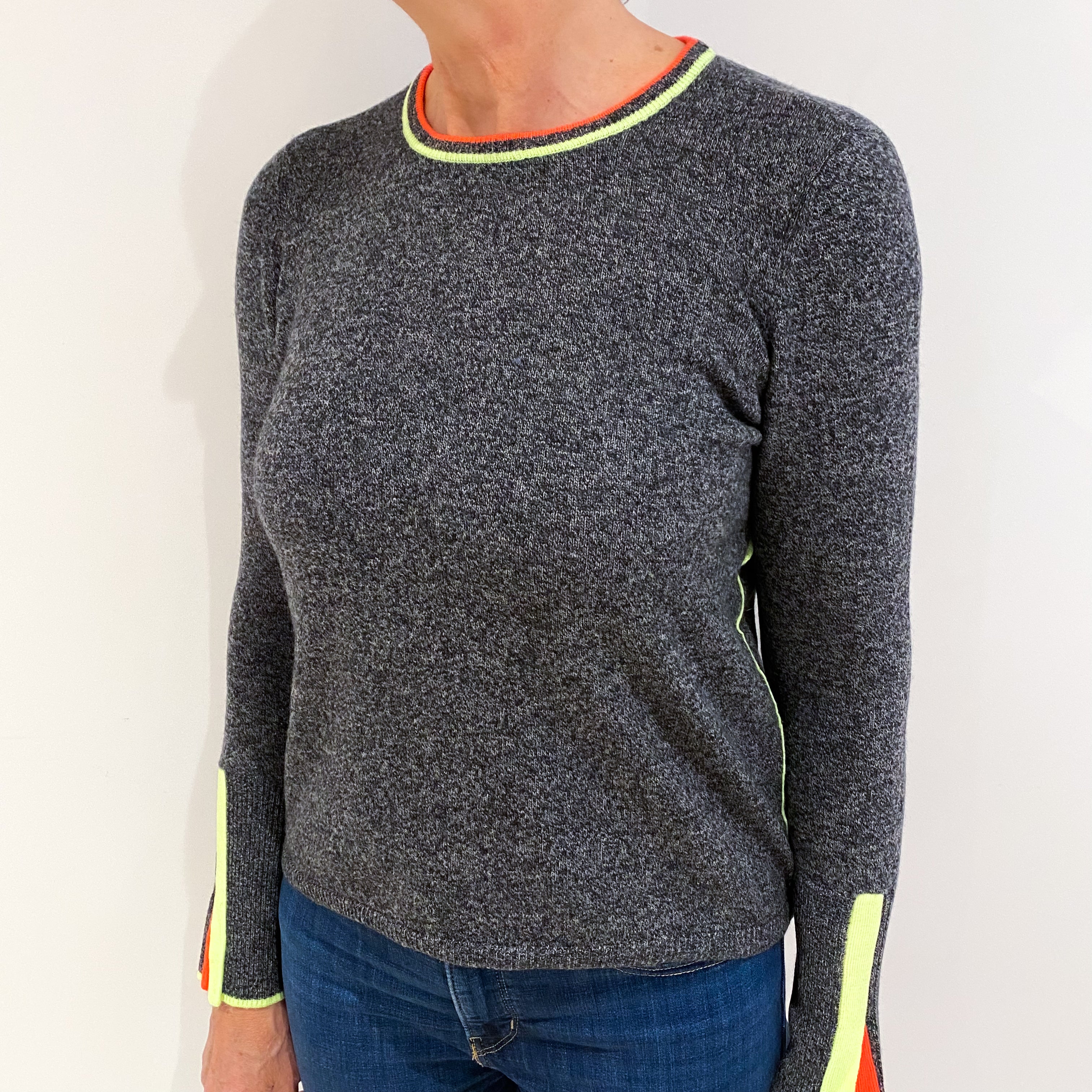 Slate Grey Neon Trim Cashmere Crew Neck Jumper Medium