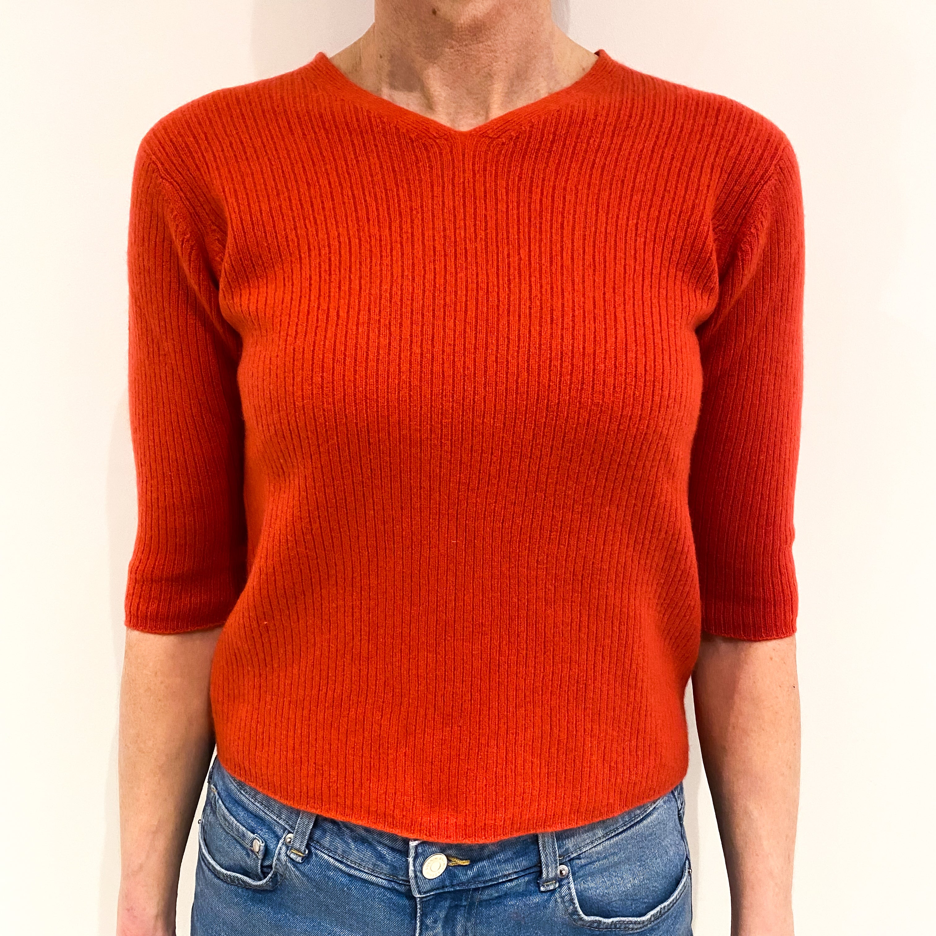 Vermillion Red Short Sleeved Cashmere V Neck Ribbed Knit Jumper Small