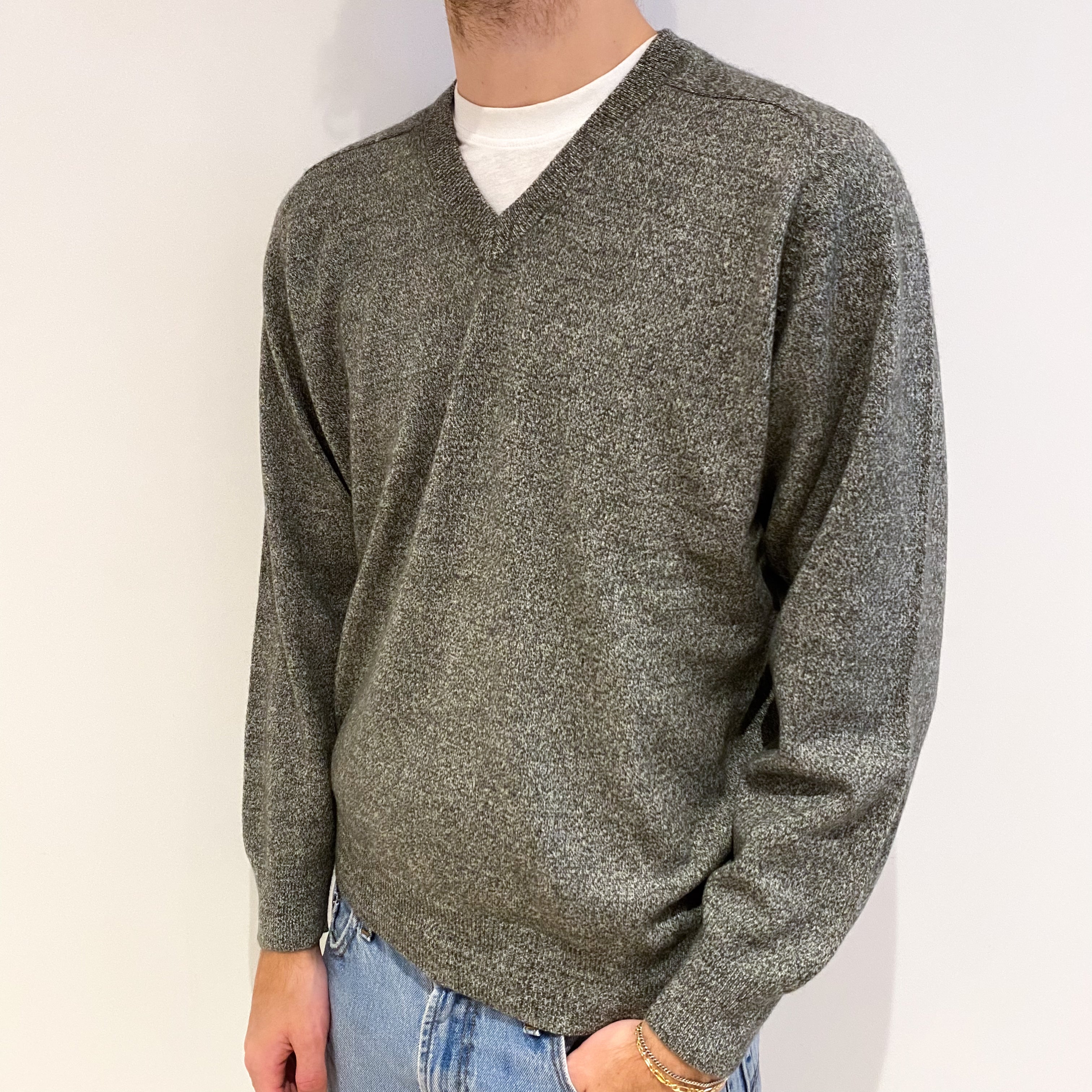 Men's Deep Khaki Green Cashmere V Neck Jumper Medium
