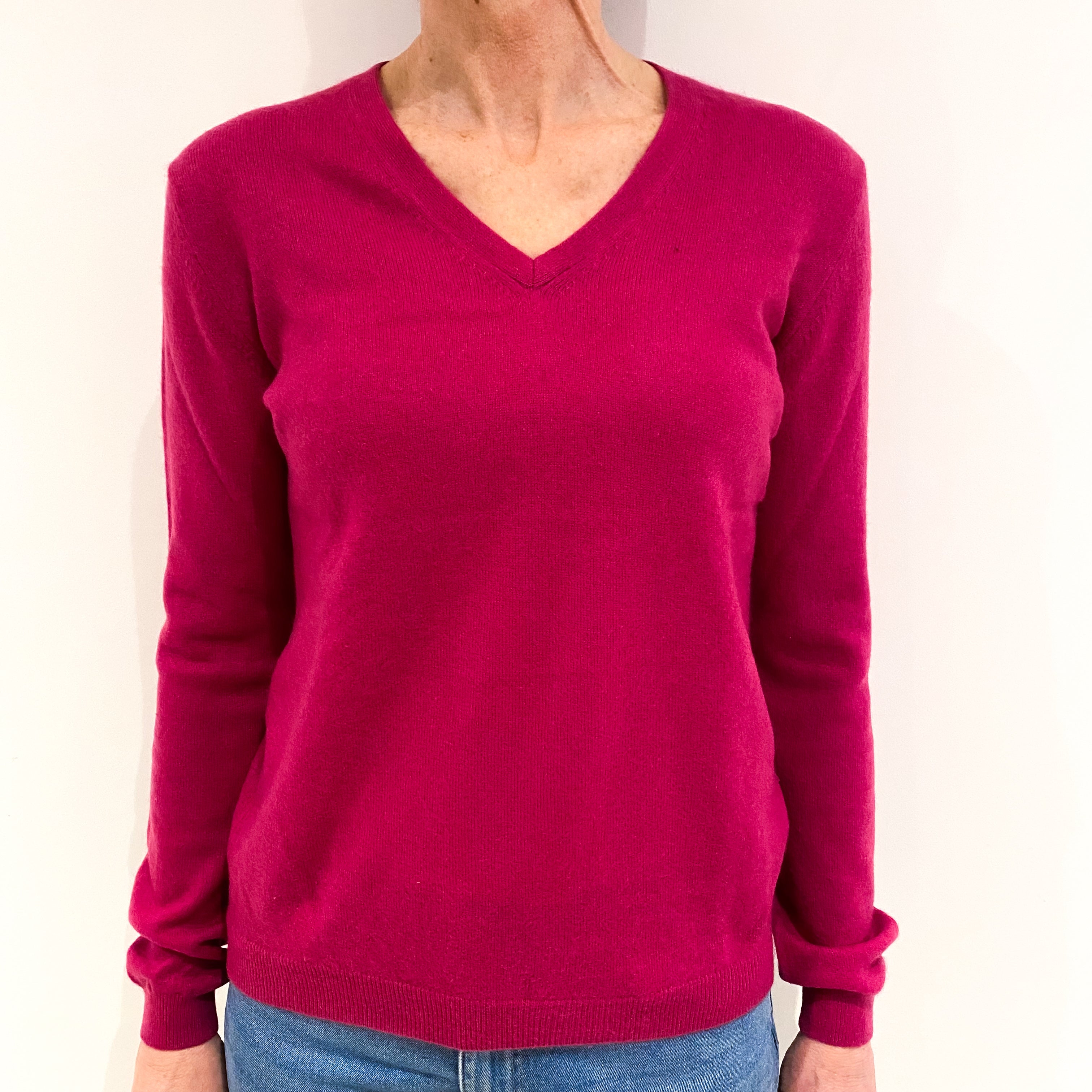 Fuchsia Pink Cashmere V Neck Jumper Small