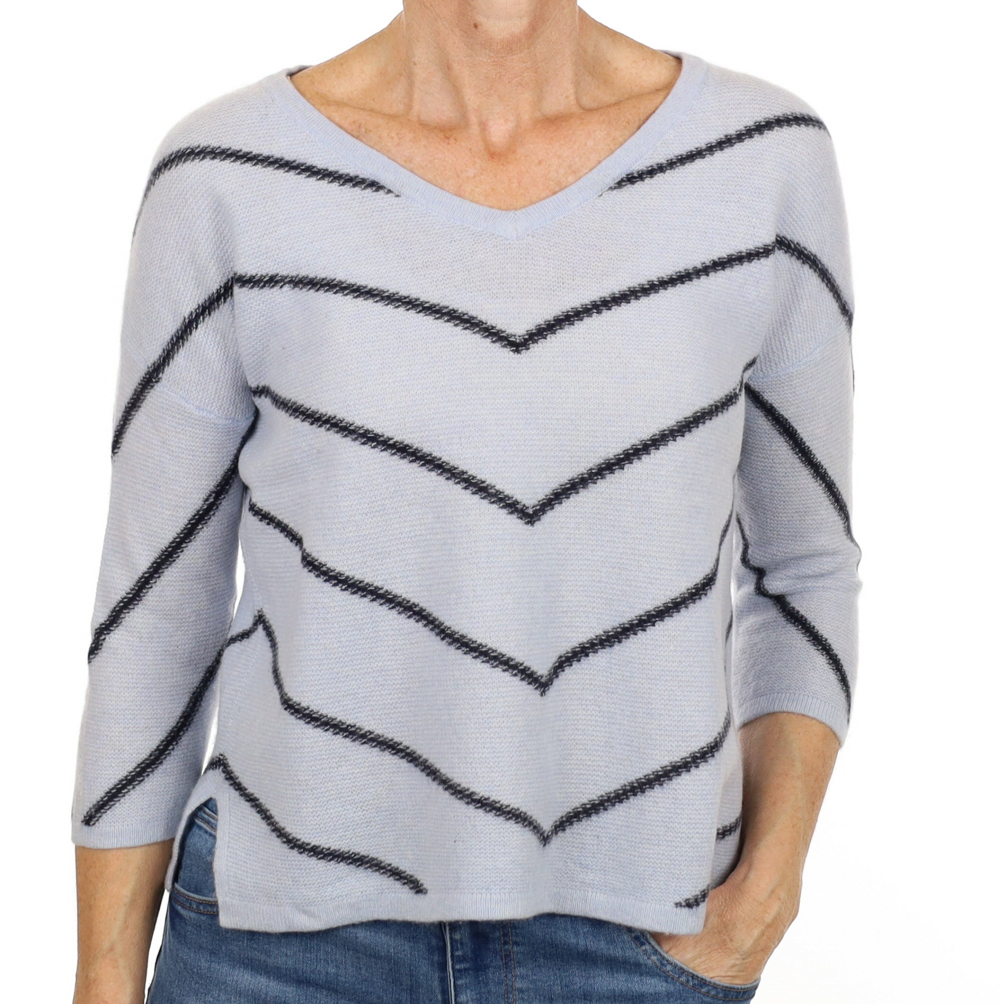 Pale Blue Chevron Patterned Cashmere V Neck Jumper Small