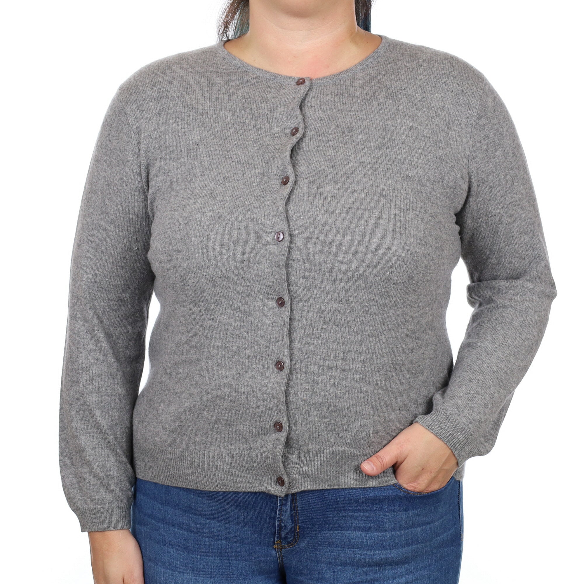 Ash Grey Cashmere Crew Neck Cardigan Large