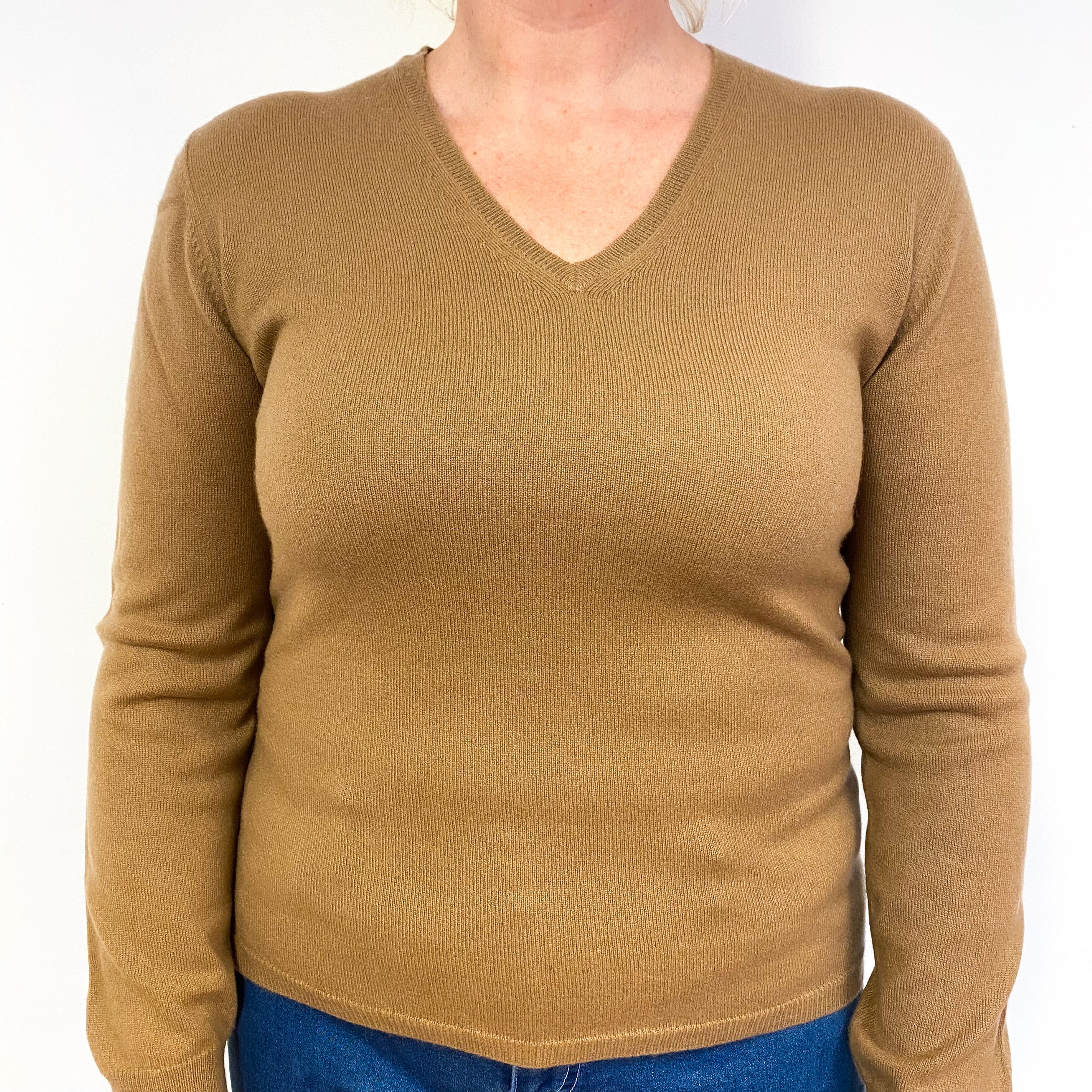 New Scottish Camel Brown Cashmere V-Neck Jumper Large